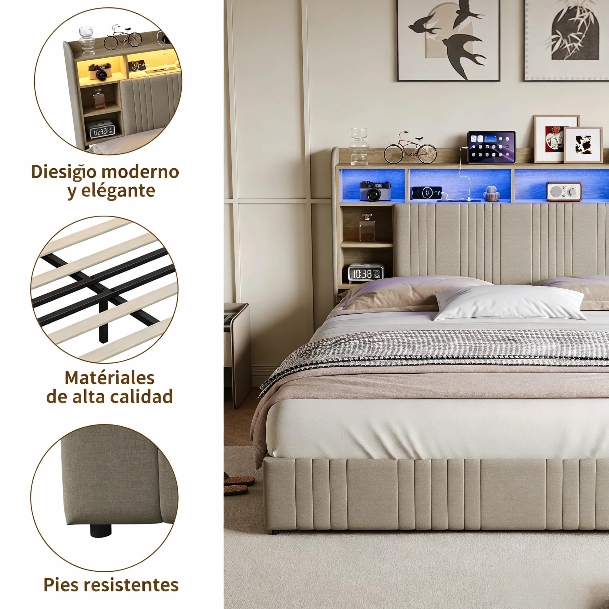 Cama Tapizada 140x200 cm con Luces LED y Estación de Carga USB/Tipo C, Estructura de Cama con Cajón y Cabecero con Almacenaje, Cama de Matrimonio de Lino con Somier de Láminas, Beige, Sin colchón