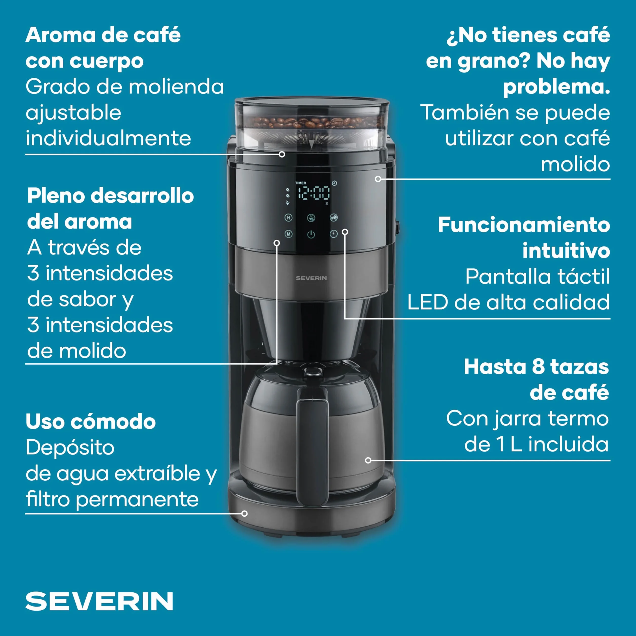 Severin de goteo con jarra térmica y molinillo, 1L de capacidad, hasta 8 tazas, sistema antigoteo, aroma intenso, apagado automática, pantalla LED, 900W, inox oscuro, negro, KA 4831
