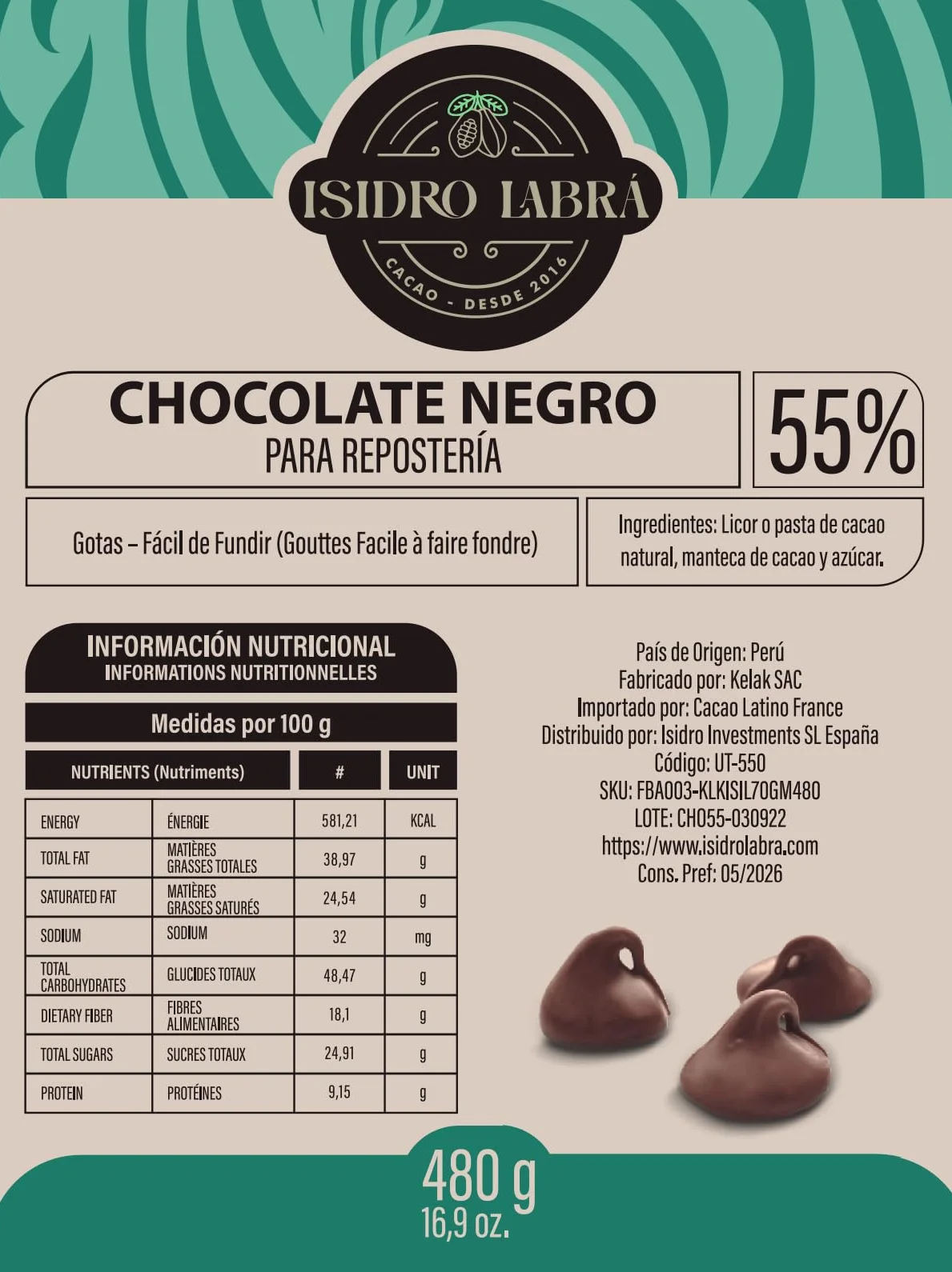 Isidro Labrá Chocolate negro repostería 55% manteca de cacao puro monedas 480g