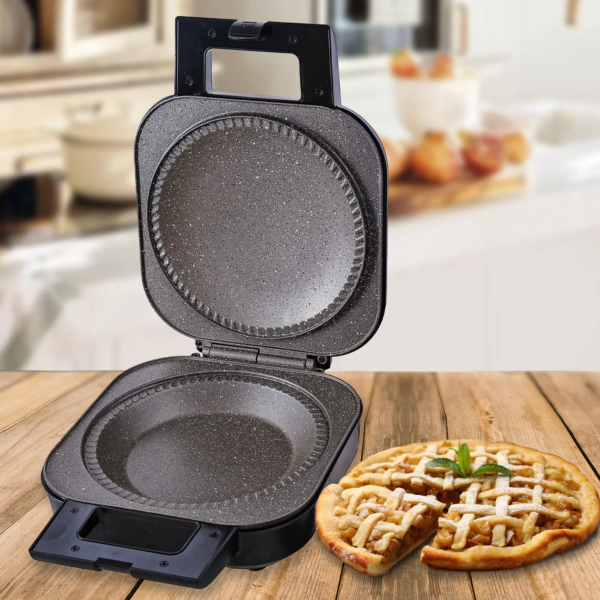 Schallen Máquina eléctrica grande para hacer pasteles de llenado profundo antiadherente de 1200 W | Hornea pasteles británicos tradicionales | Plata y negro con placas recubiertas de mármol