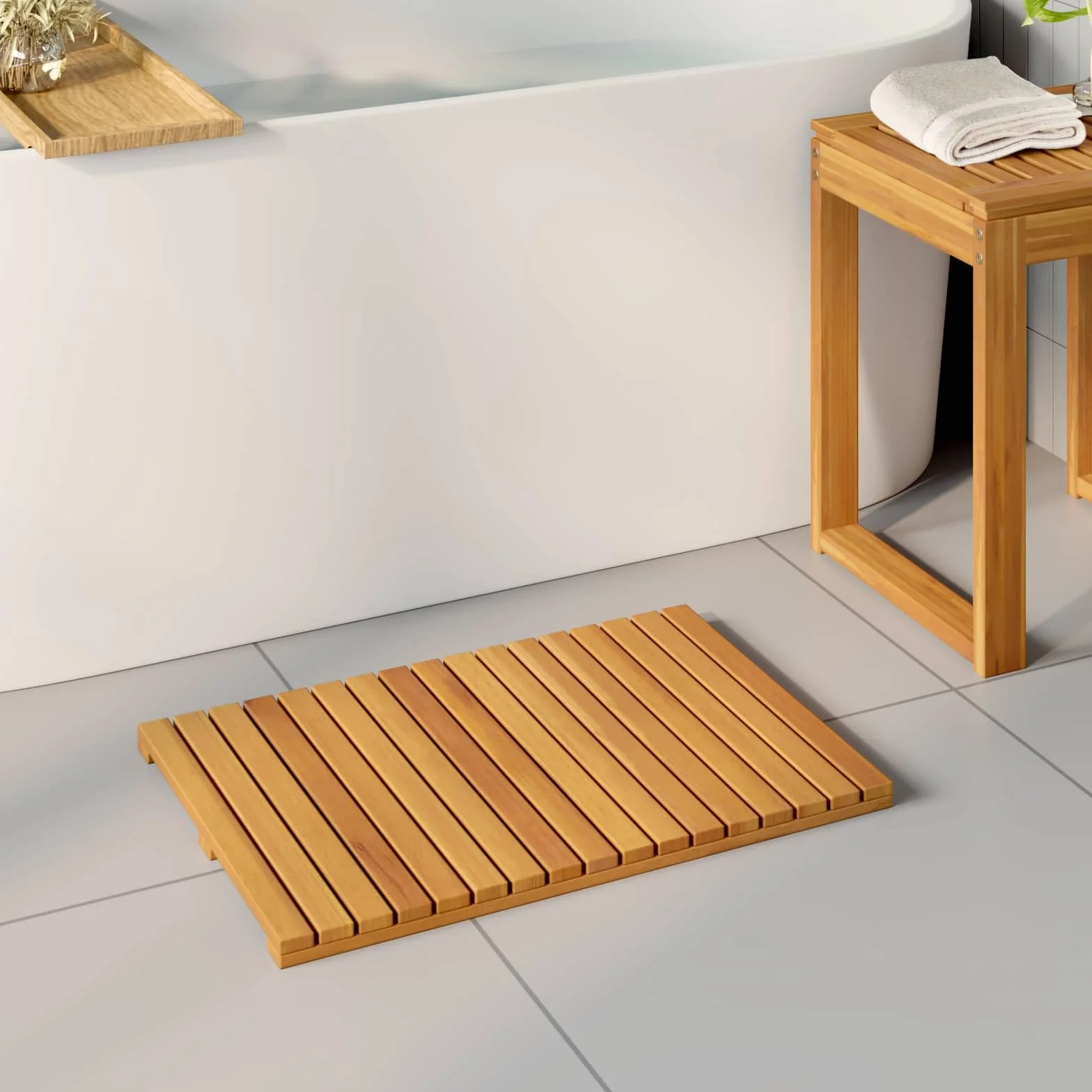Alfombrilla de baño de madera marrón lisa, 60 x 40 cm, juego de 2 unidades, antideslizante con superficie engrasada, diseño ventilado para baño y balcón, compacta, absorbente, fácil de