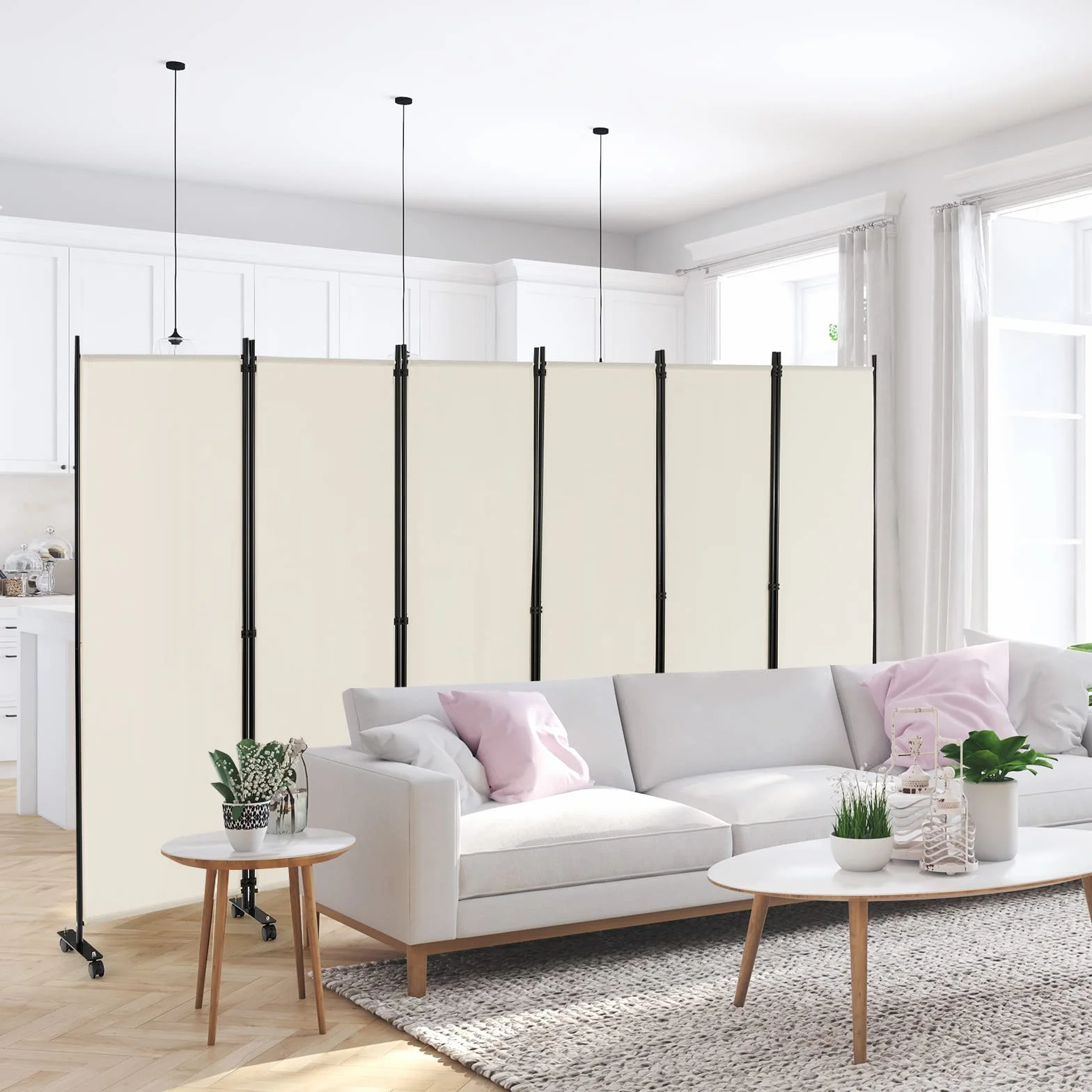 GIANTEX Biombo Plegable con Ruedas, Separador de Privacidad 6 Paneles, 334,5 x 172 cm, Divisor de Habitación de Tela con Patas Anchas, Protección Privada (Beige)
