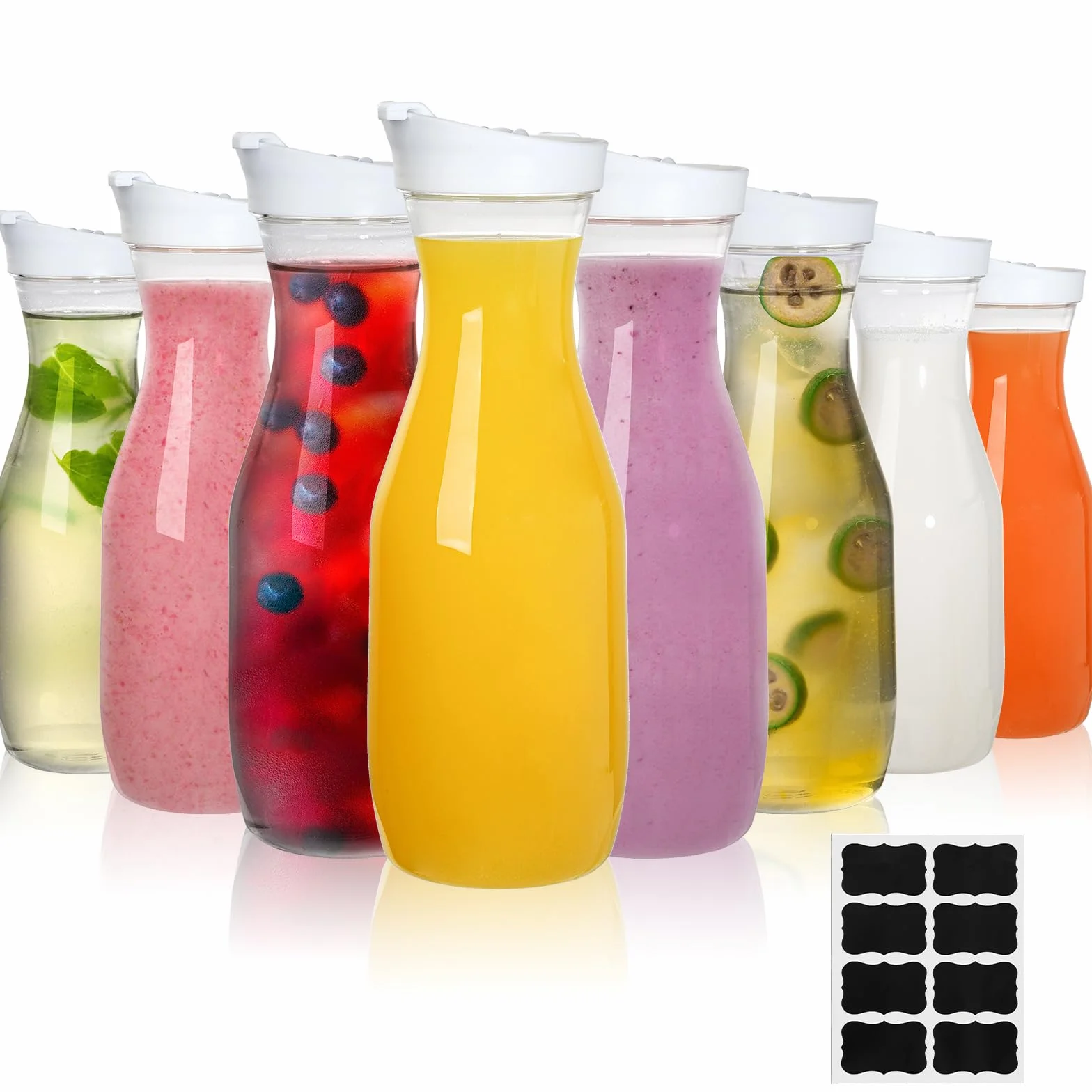 Lawei Paquete de 8 jarras de agua de plástico de 34 onzas, jarra transparente de 1 litro para bebidas con tapa abatible, jarra de cuello estrecho para jugo, agua, té helado, leche, limonada y barra de