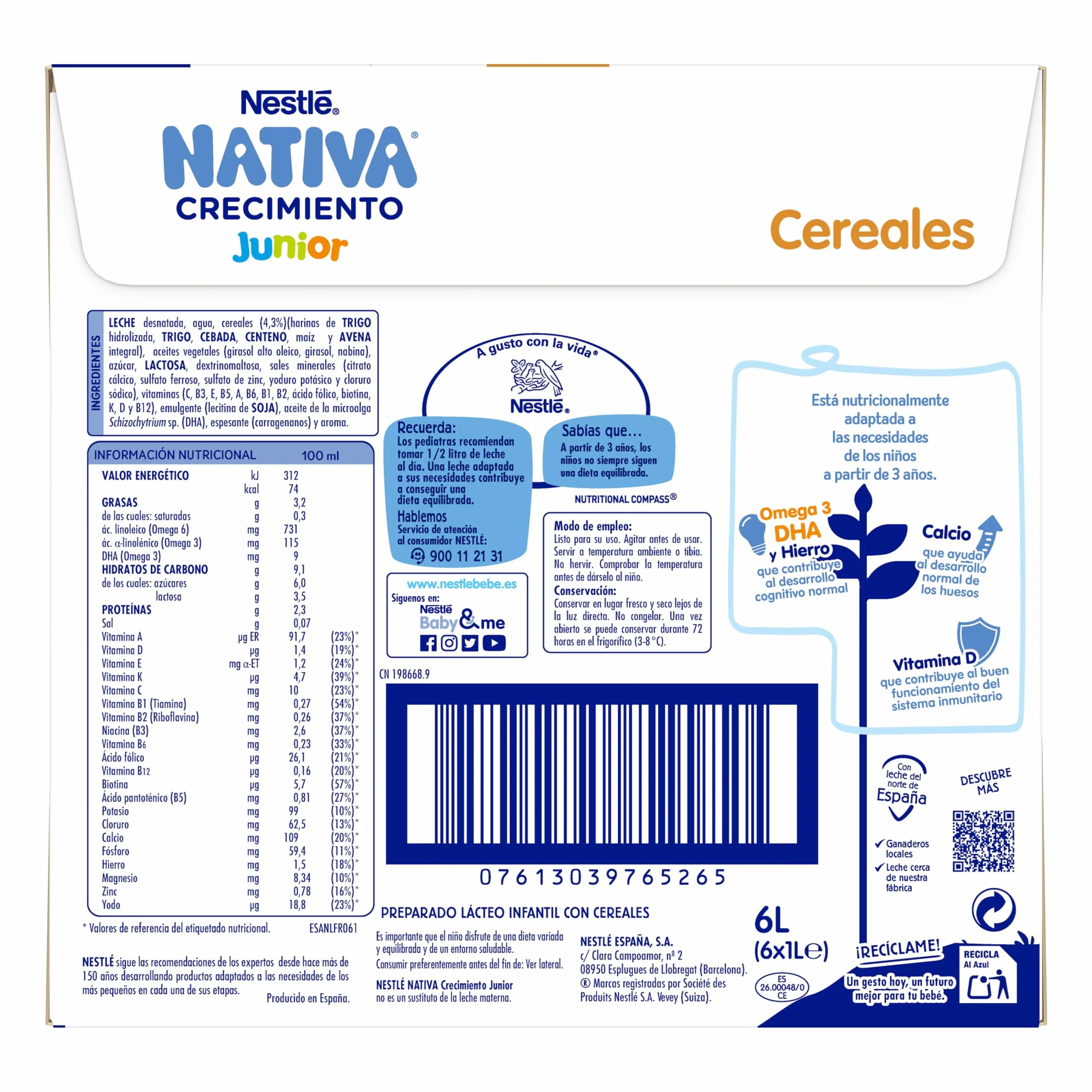 NESTLÉ NATIVA Crecimiento JUNIOR Cereales Leche Líquida para Niños 3 Años 6 Paquetes 1L