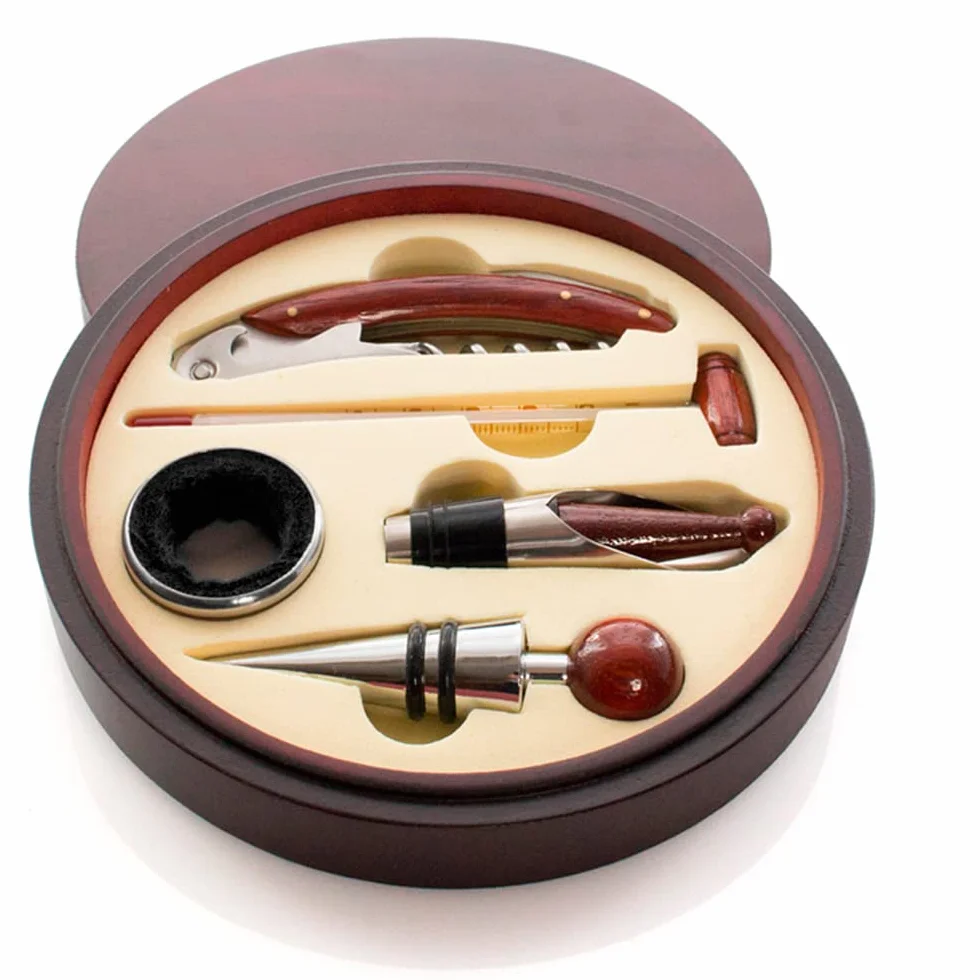 Elegante juego set de vinos con sacacorchos, dosificador, Recoge gotas, tapón y termómetro. Regalos orginales cumpleaños hombres, día del padre, novios, maridos, agradecimientos o Navidad.