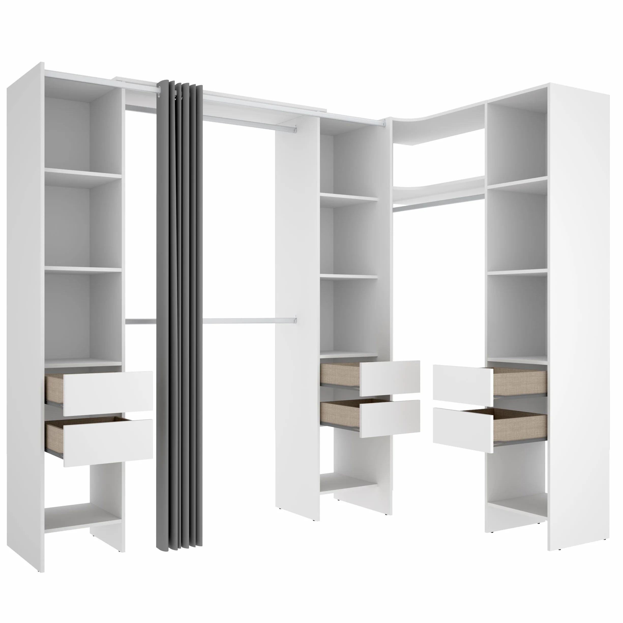DEKIT GRUPO RIMOBEL SUIT - Conjunto de Vestidor rinconero con dos columnas, zona de barras y cortina - Blanco - 205 x 164-234 x 141 cm