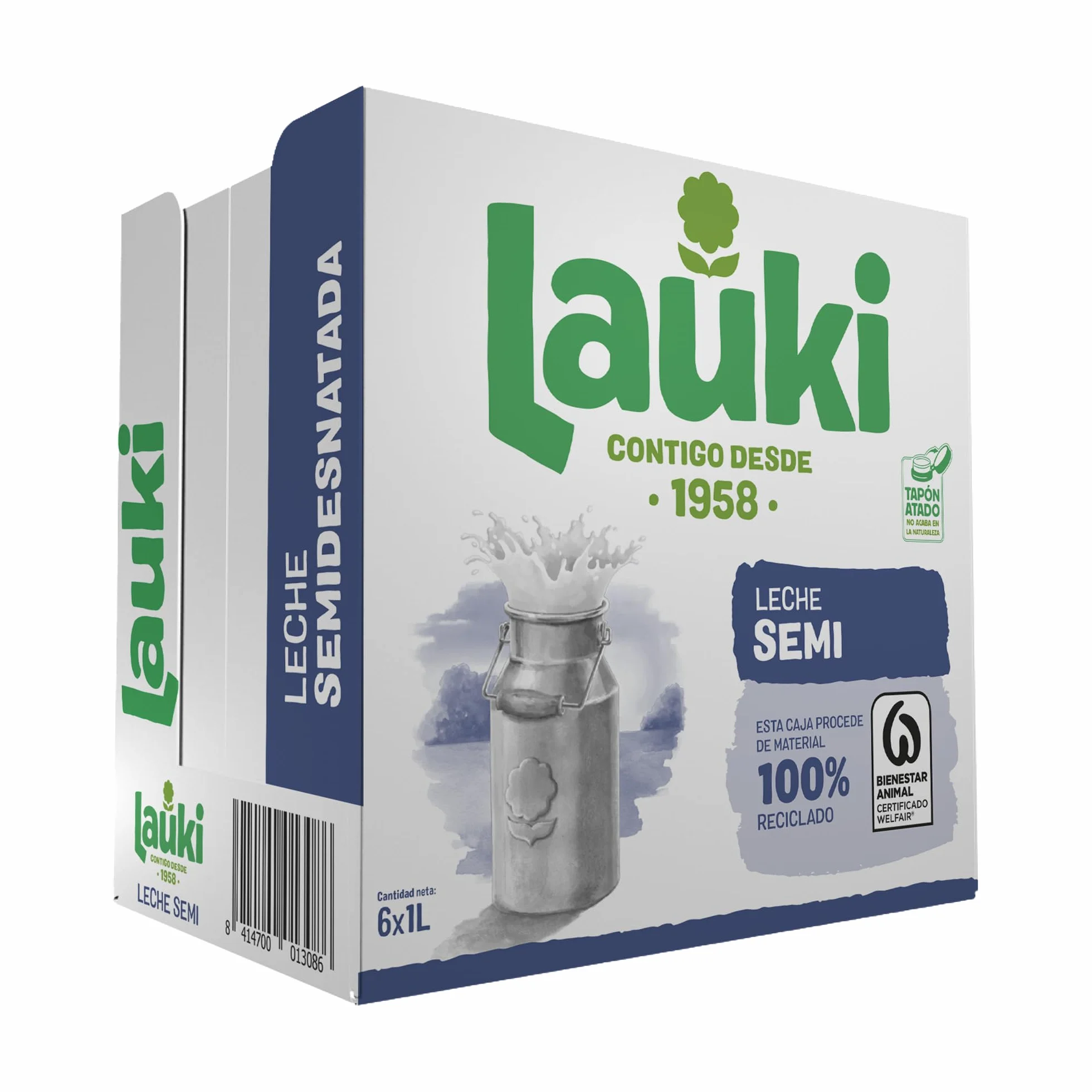 Lauki Leche Semidesnatada Bienestar Animal Sin Azúcar Añadido Sin Gluten Brik UHT Pack 6 x 1L