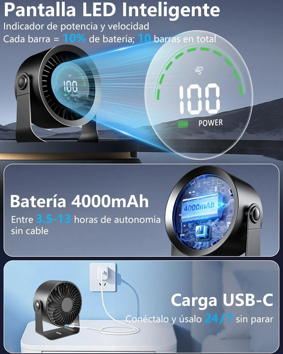 Ventilador de Mesa Silencioso 4000mAh USB Recargable, 100 Ajustes Continuos, Pantalla LED, 2 en 1 Escritorio/Pared - Negro
