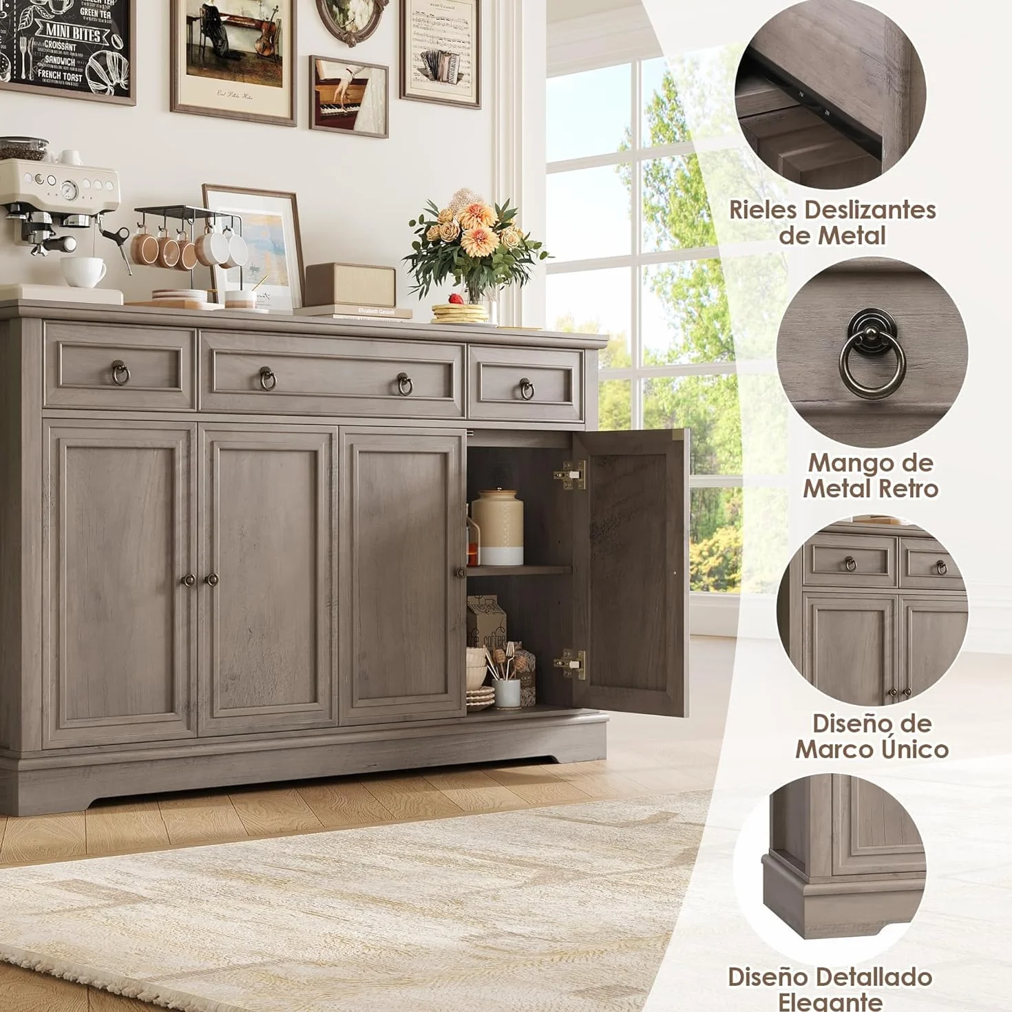 FirFurd Aparador Cocina, Armario de Almacenaje Comedor, Mueble Auxiliar de Cocina, Mueble Aparadores Salón con 3 Cajones y 4 Puertas, Estantes Ajustables 134x40x87cm Marrón