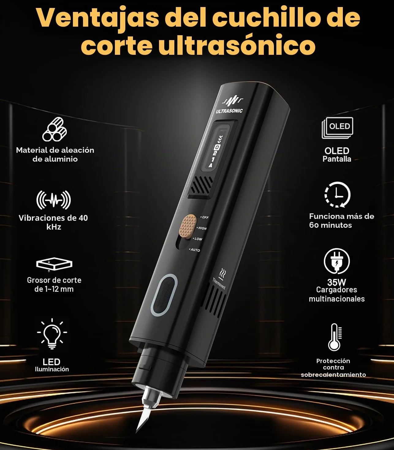 Cuchillo cortador ultrasónico de 40 kHz: cuchillo ultrasónico de mano de 35 W con 50 cuchillas de repuesto y visualización OLED, cuchillo sónico para modelos impresos en 3D, plástico