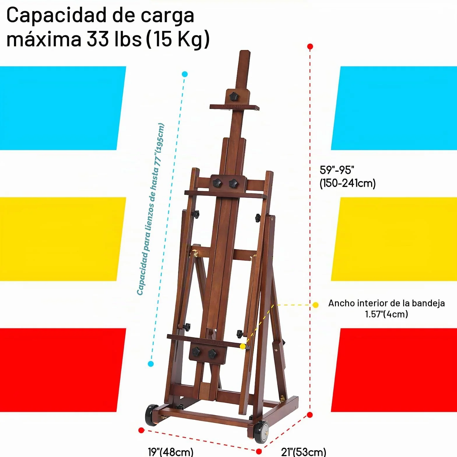 MEEDEN Caballete de Estudio con Marco en H - Caballete de Arte de Madera de Haya Ajustable, Soporte para Caballete de Piso de Pintura, móvil e inclinable Disponible, soporta Lienzo de hasta 77”
