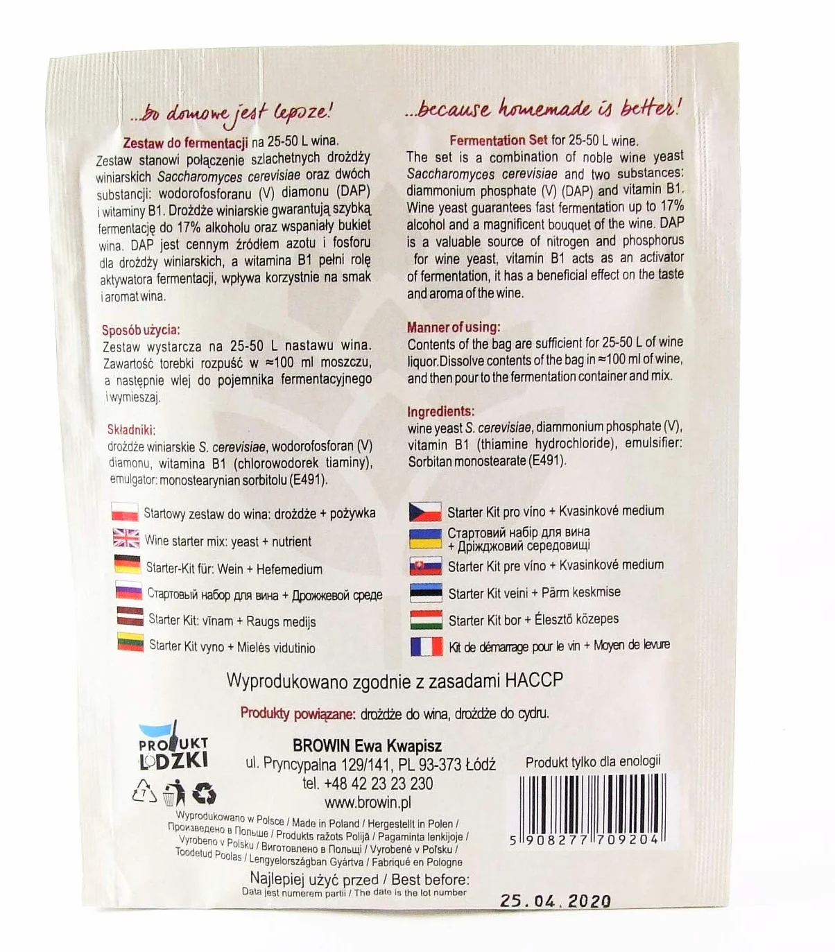 Levadura Vinistart Para Vino 34 g, Kit Inicial con Nutrientes, Hasta 50 L, 17%