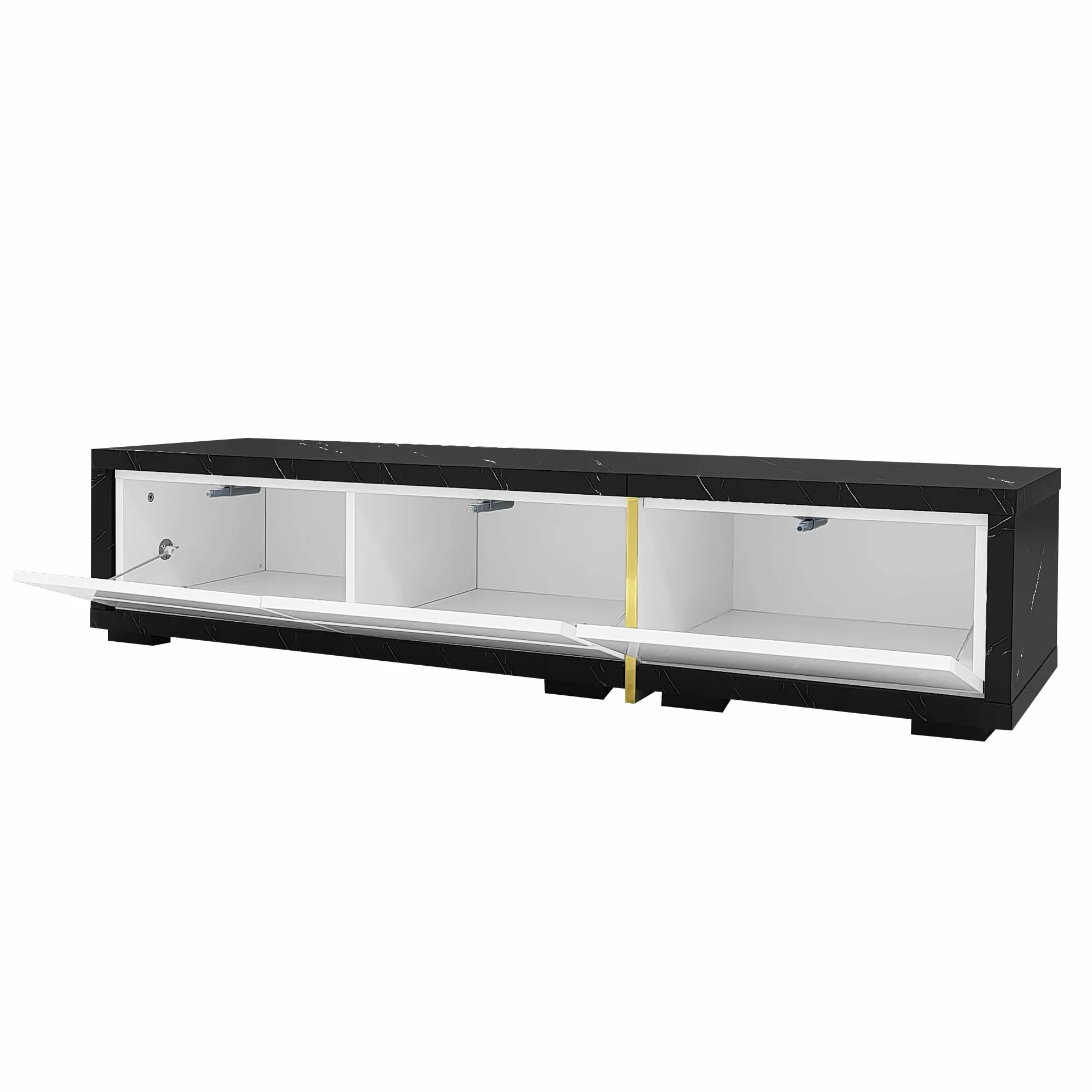 Moimhear Mueble de TV con longitud variable (140-260 cm), función giratoria, efecto mármol negro, acabado mate blanco y adornos dorados (blanco)