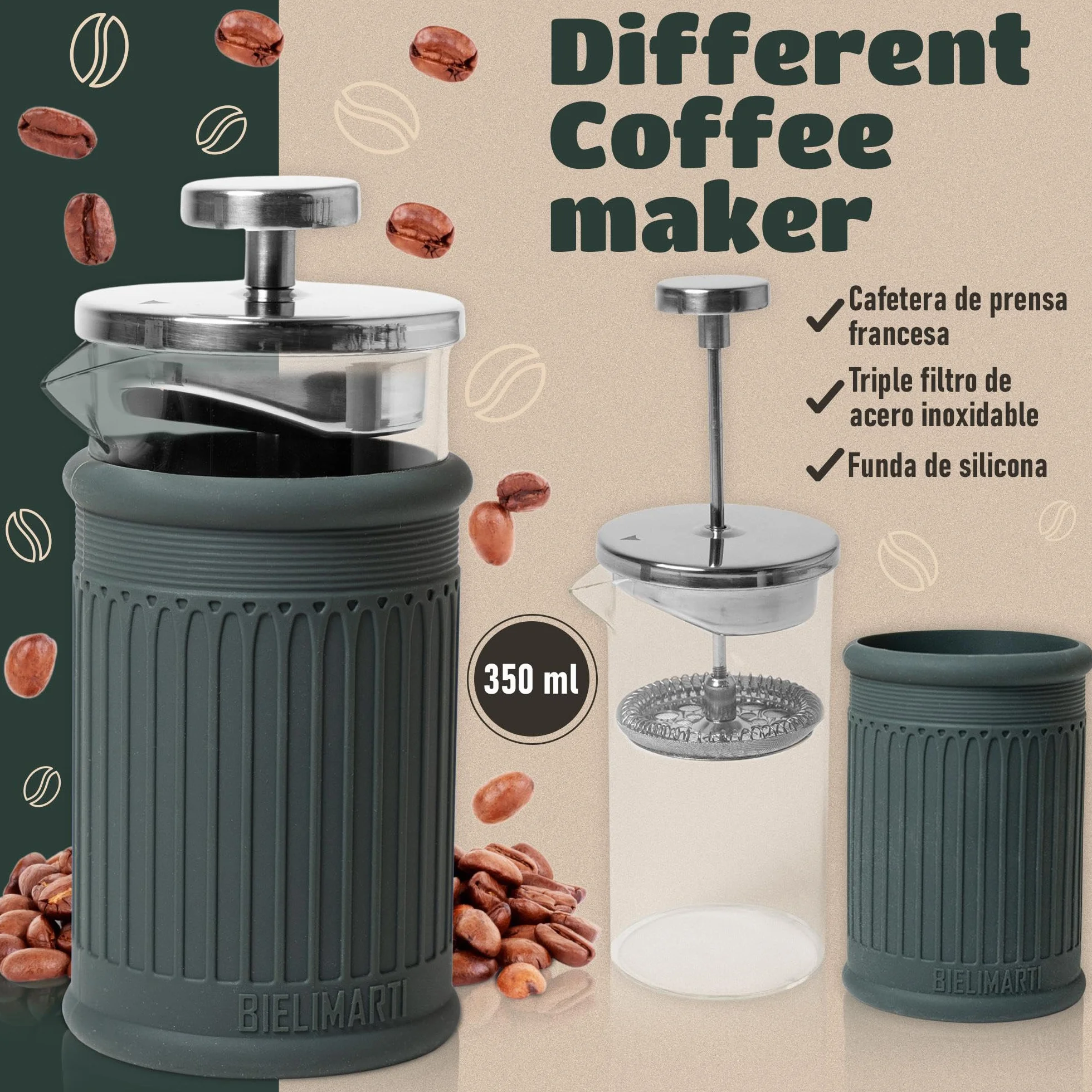 Cafetera de Prensa Francesa, 350 ml, Vidrio Borosilicato, Funda de Silicona Térmica,french press,cafetera de embolo (gris)