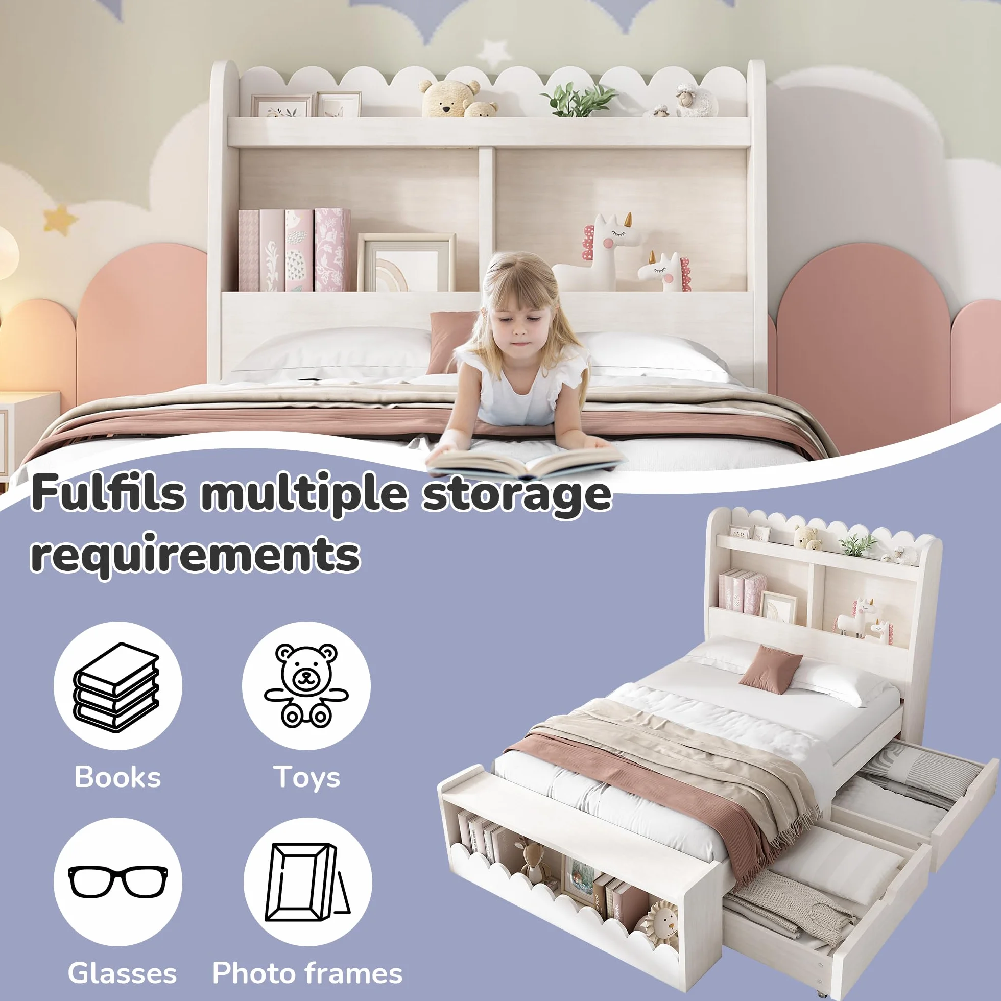 Cama individual de 90 x 190 cm, con cajones, estantería y banco con almacenamiento, cama de madera, marco de cama y somier de madera, color blanco con color roble (sin colchón)