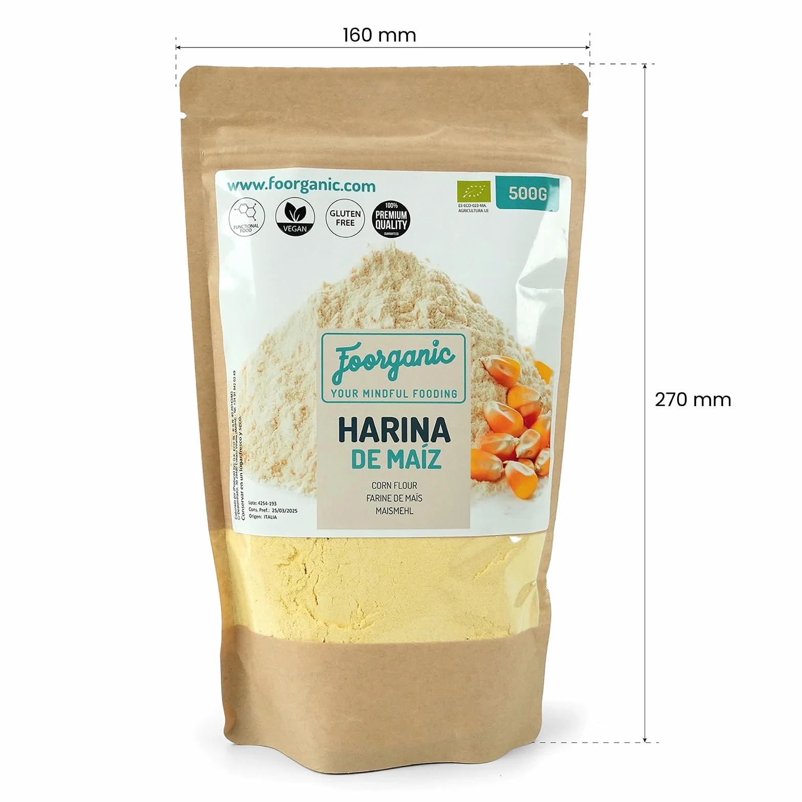 FOORGANIC Harina de Maíz Ecológica Sin Gluten 500g