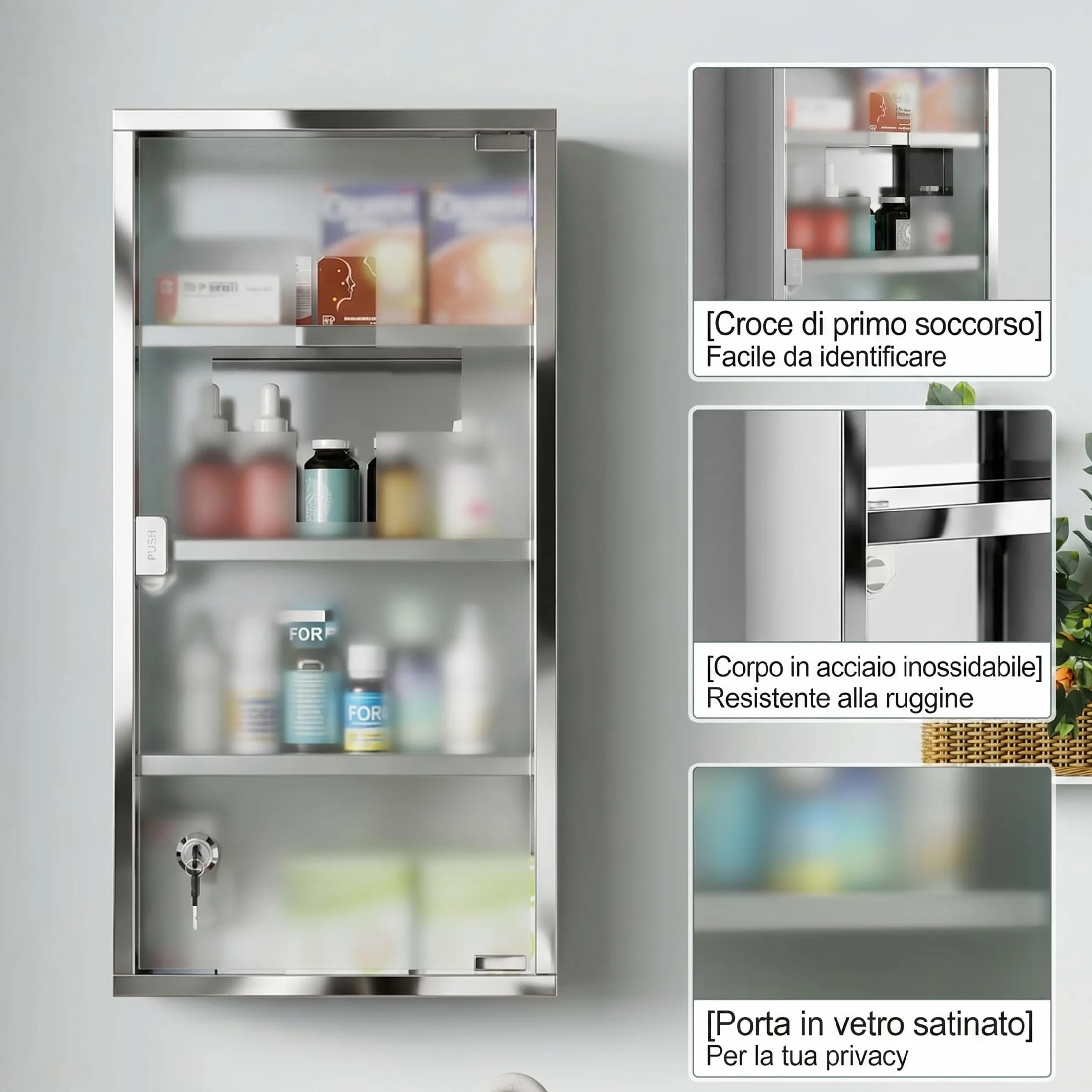 HOMCOM Armario de Medicinas Botiquín Acero INOX 4 Estantes Colgante Pared con Cerradura