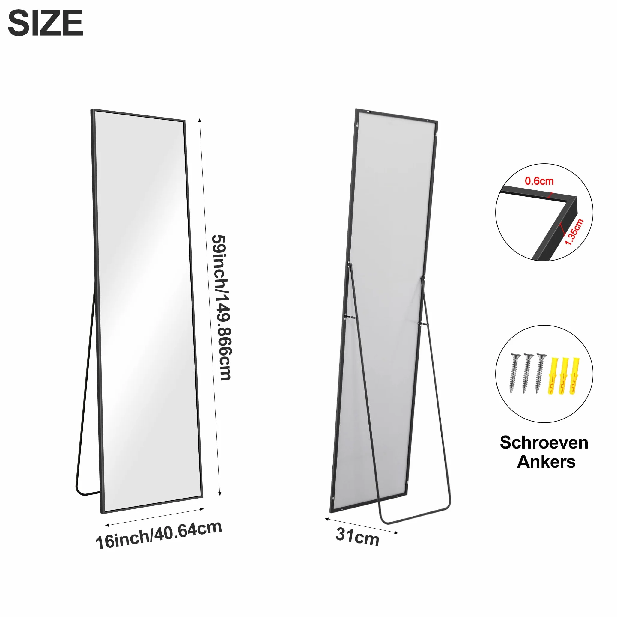 COFENY Espejo de Pie Cuerpo Entero 150 x 40 cm, Espejo Pared con Marco de Aluminio, Espejo de Pie Inclinado o Colgante para Salón, Dormitorio, Entrada, Negro