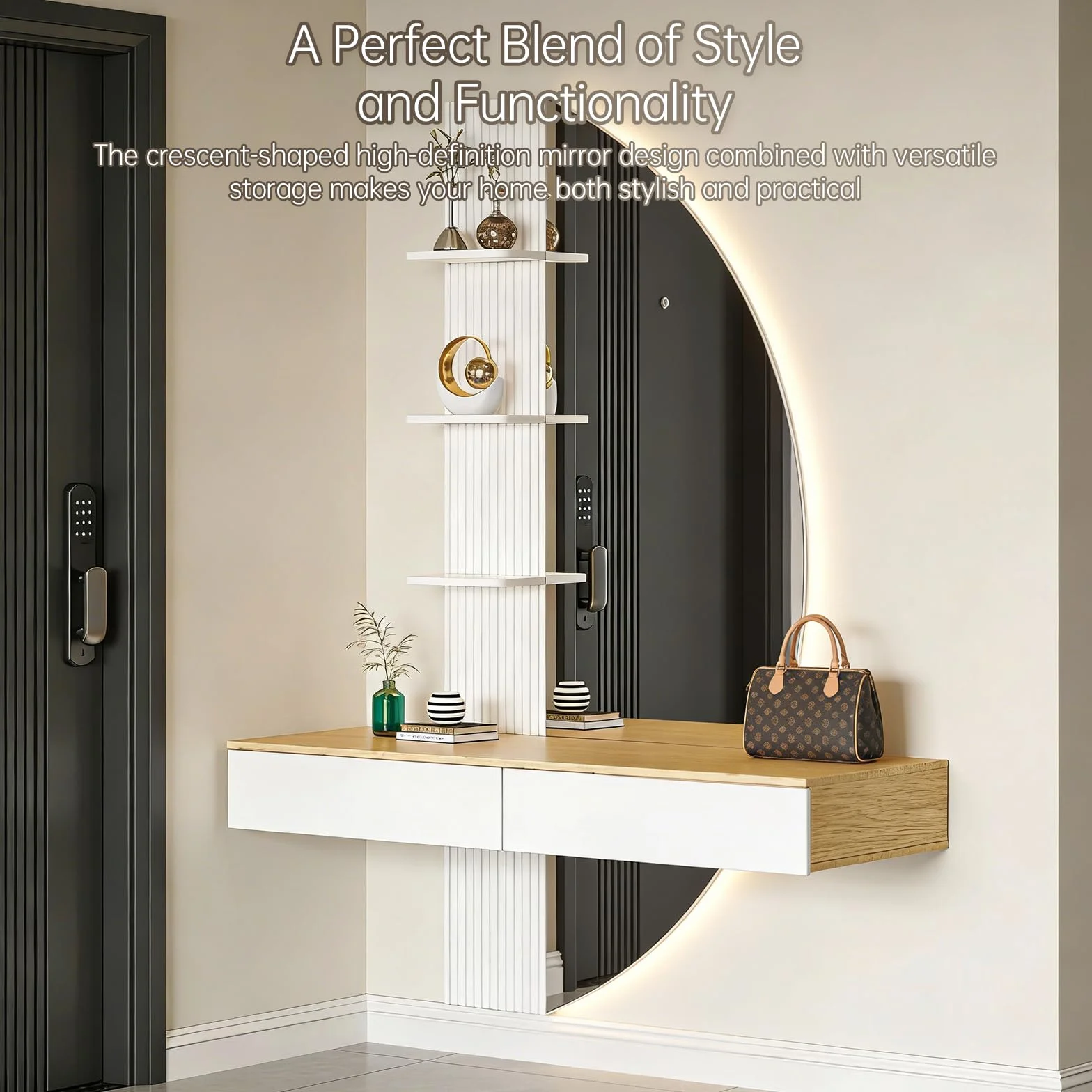 TRIUMPHKEY Tocador de Pared con Espejo en Forma de Media Luna, Mesa de Maquillaje Flotante con Luces LED Regulables, 2 Cajones y 3 Estantes, Ahorra Espacio para Dormitorio (Blanco)