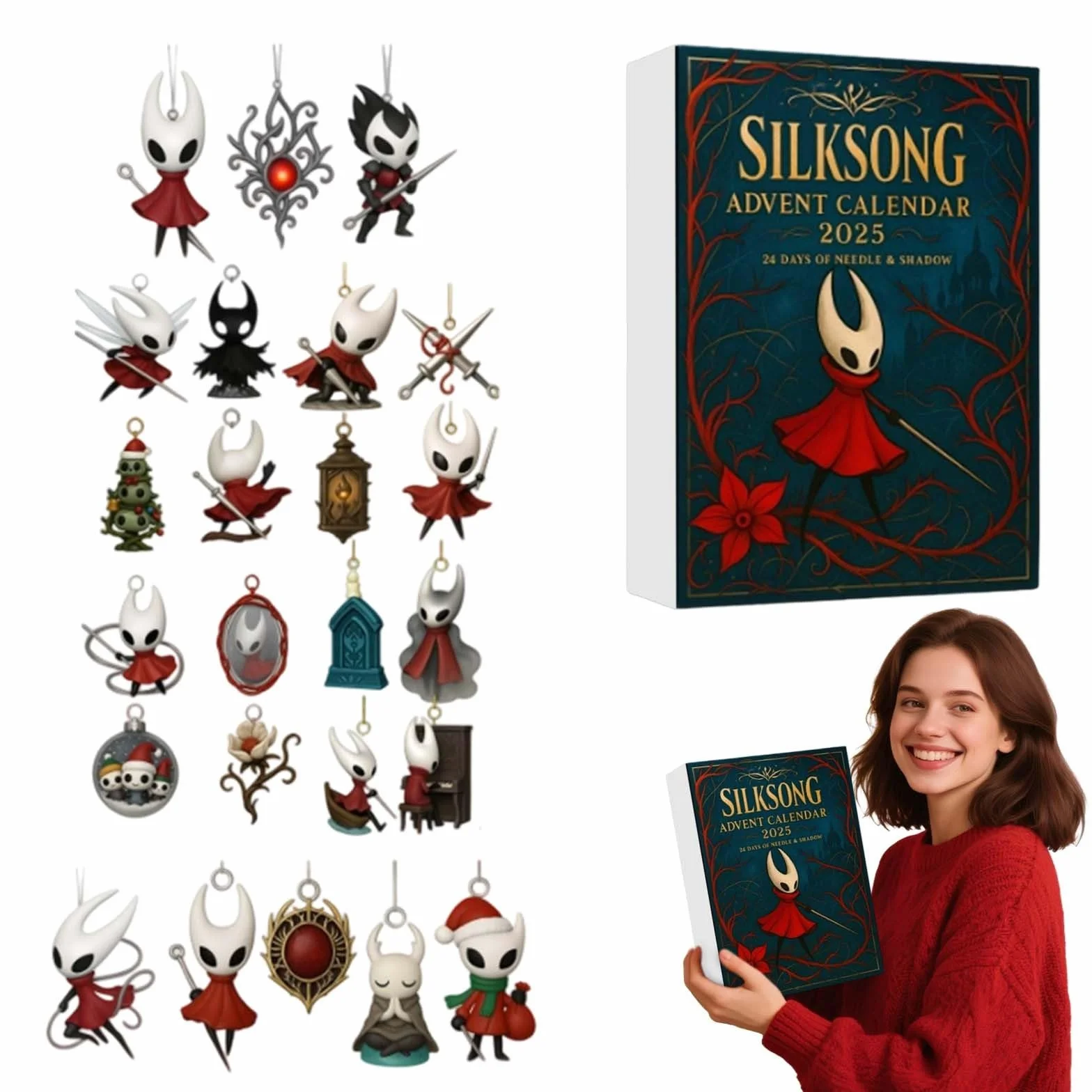 Hollow Knight Silksong Calendario de Adviento 2025, calendario de cuenta regresiva Navidad 24 días adornos árbol acrílicos 2D, colección llaveros regalo