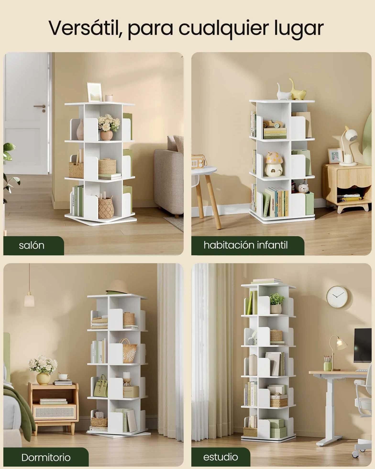EUGAD Estantería para Libros, Libreria Giratoria 5 Niveles, Estantería Alta de Pie, Libreria Madera de Estudio y Biblioteca, Blanco