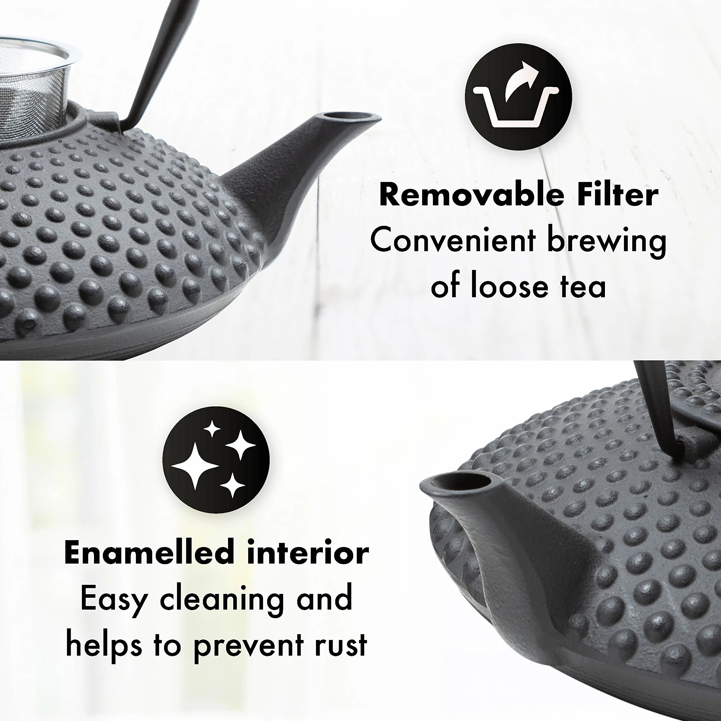 TETERA HIERRO 1,25 L | TETERA DE HIERRO Fundido Con Infusor de Acero Inoxidable | Interior Totalmente Esmaltado | Prepara una Taza Perfecta | Diseño Estilo Japonés | Colección: Kambin | Negro