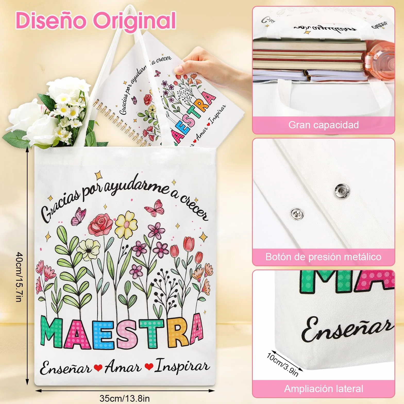 Echehi Regalo Maestra Infantil Set 6 Piezas con Tote Bag Cuaderno A5 Llavero Bolígrafo Tarjeta Caja Original