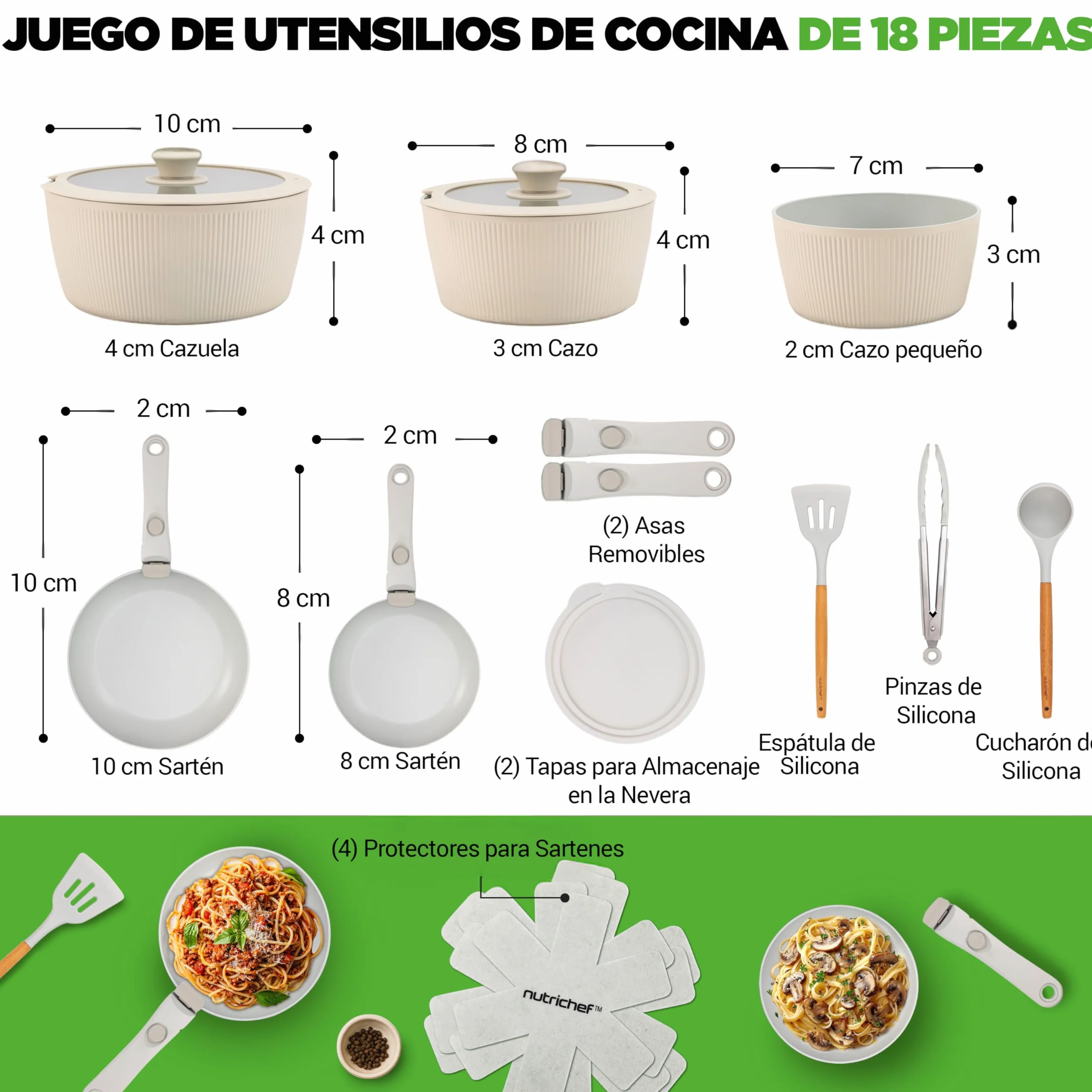 NutriChef bateria cocina mango extraible, Ceramica, 18 piezas, Juego de ollas y sartenes, Antiadherentes, Sin PTFE, Ahorra espacio, Apto para horno y estufa, Incluye utensilios