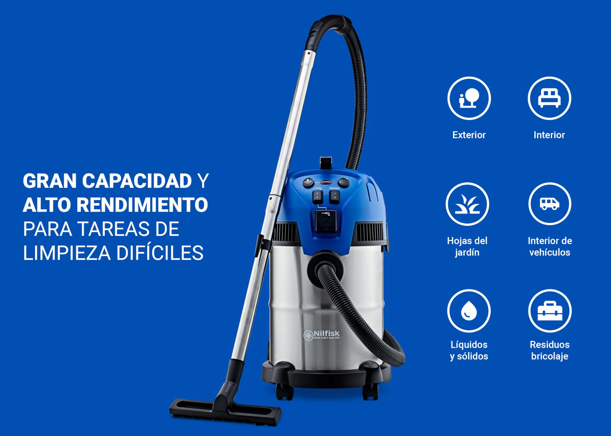 Nilfisk Multi II 30L T Aspirador de Agua y Polvo Potente - Aspiradora de Bricolaje para Sólidos y Liquidos, Seco y Húmedo, Exterior e Interior (1400 W)