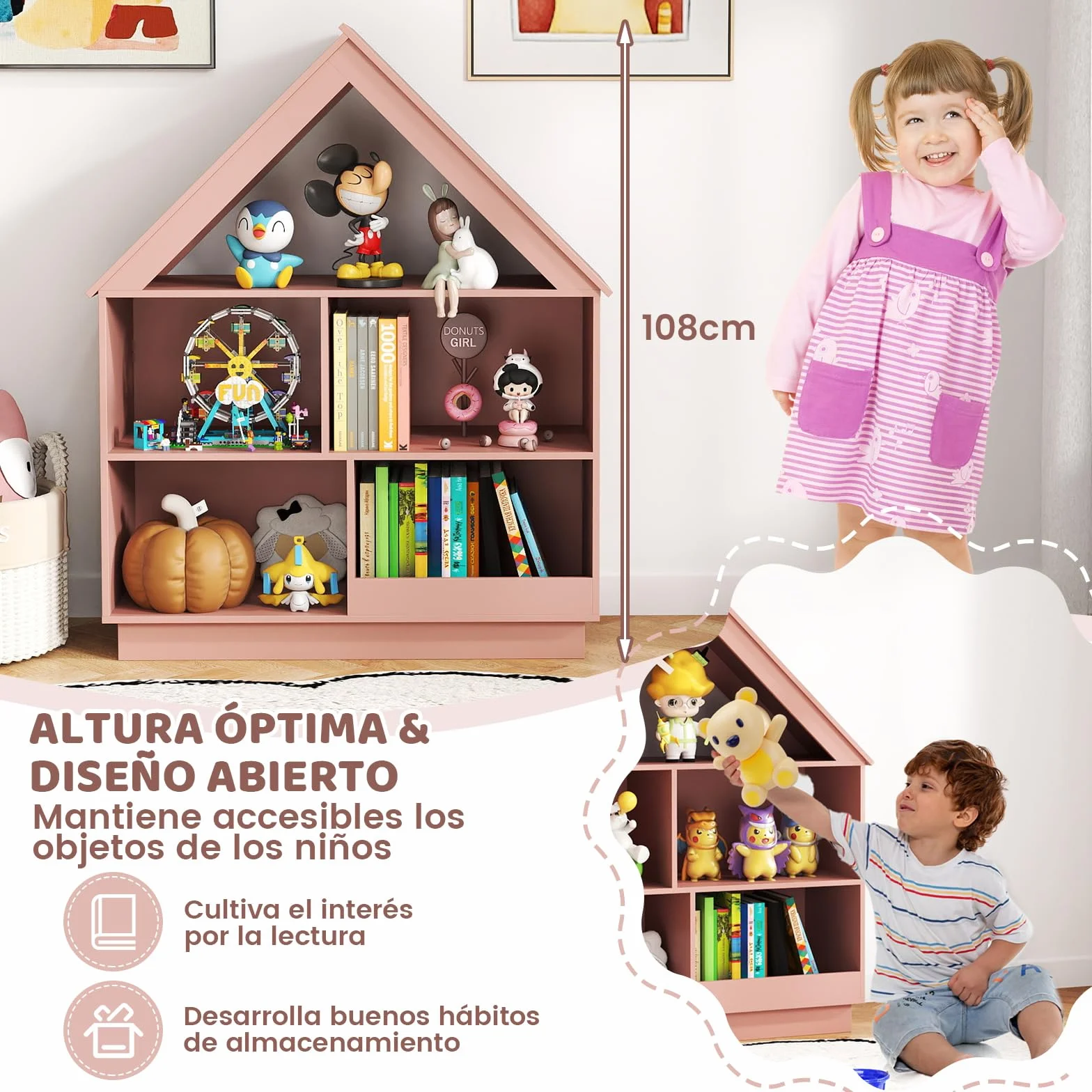 COSTWAY Estantería Infantil para Muñecas, Librería Infantil en Forma de Casa, Armario de Almacenaje de Juguetes de Madera con 5 Cubículos, Estante Abierto de 3 Niveles para Niños (Rosa)