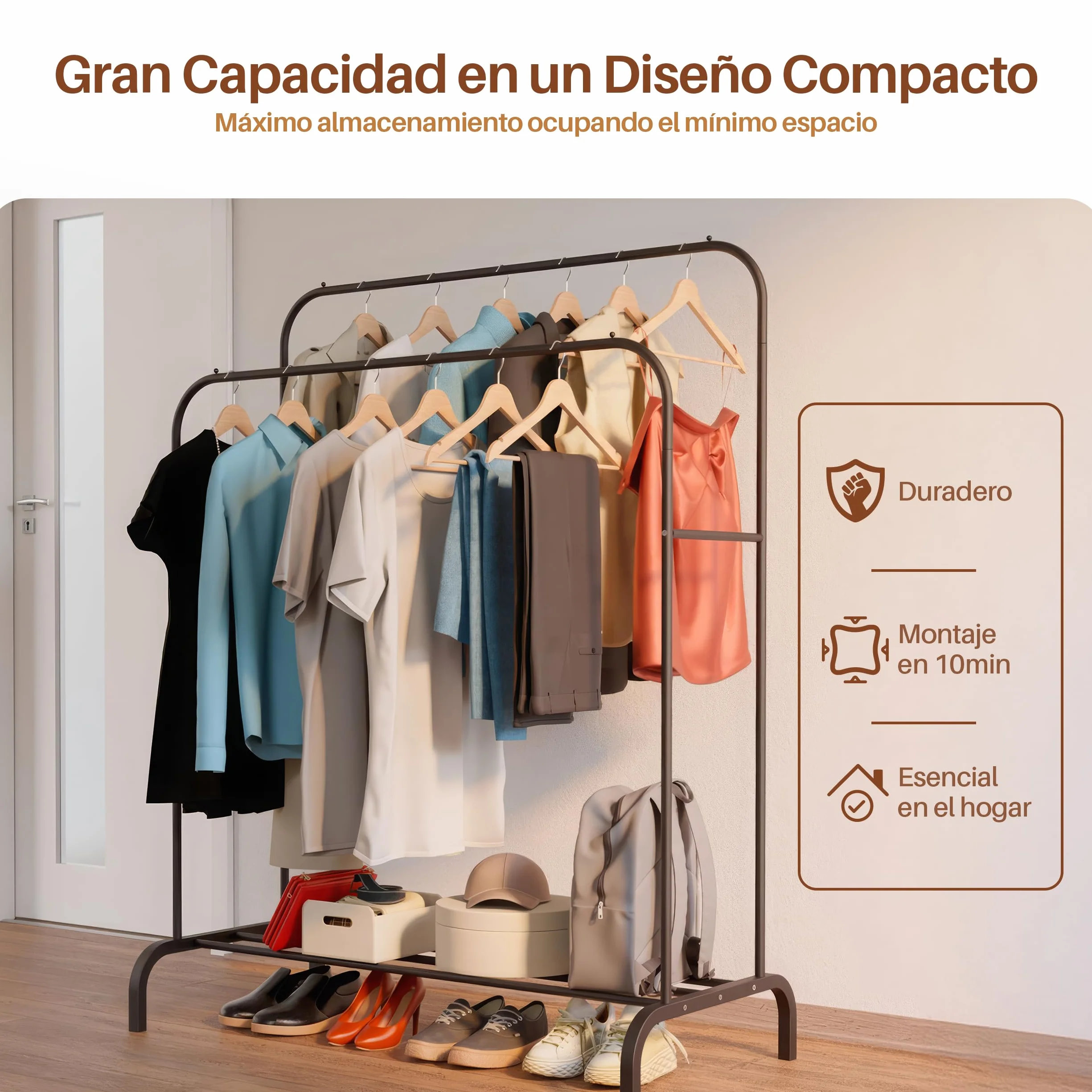 PORTENTUM Perchero de pie acero resistente 35 kg Organizador doble barra zapatero antideslizante