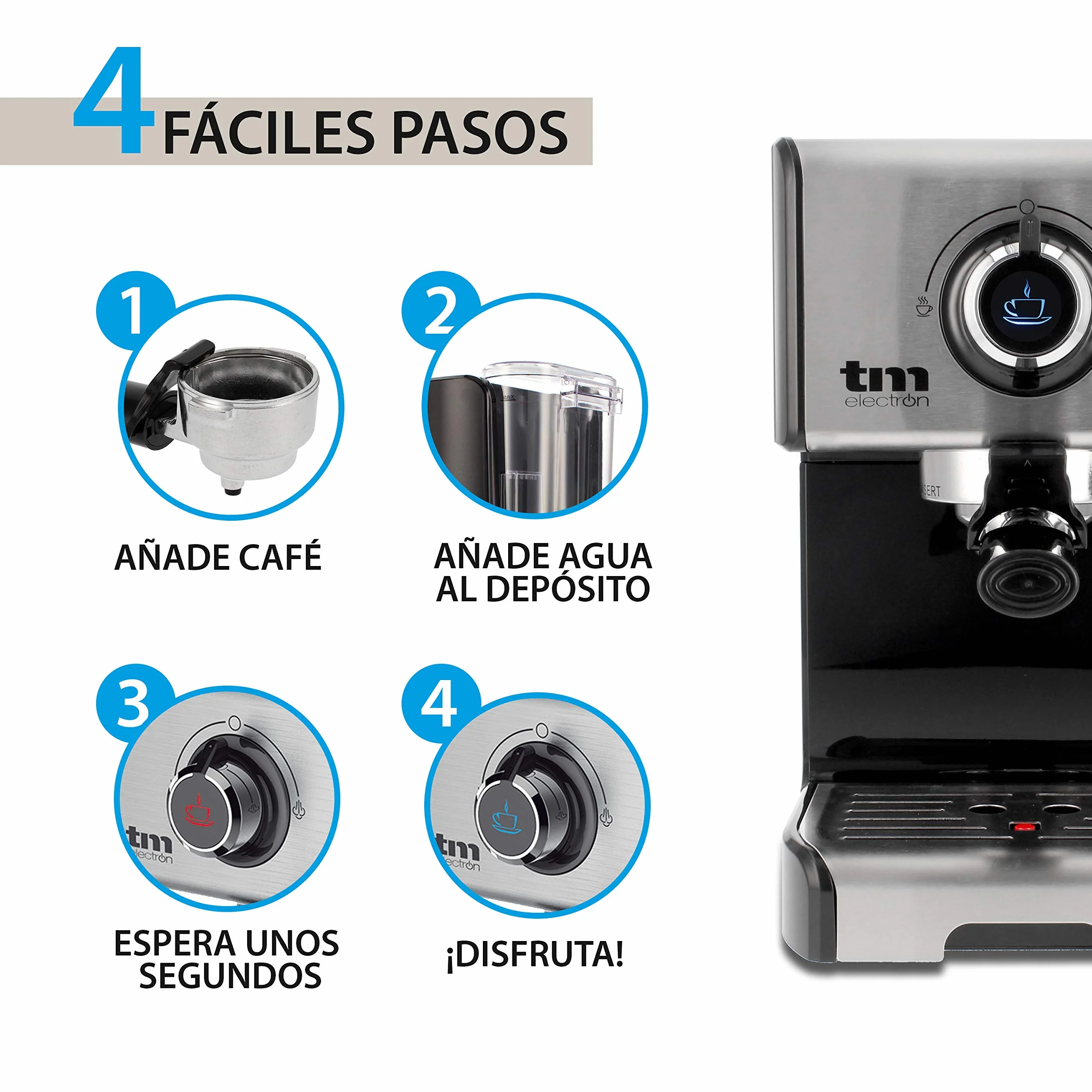 TM Electron TMPCF101 cafetera Espresso Manual con 15 Bares de presión, 1200W, depósito 1,2 L, espumador de Leche, 3 Funciones, Fabricado en Acero Inoxidable