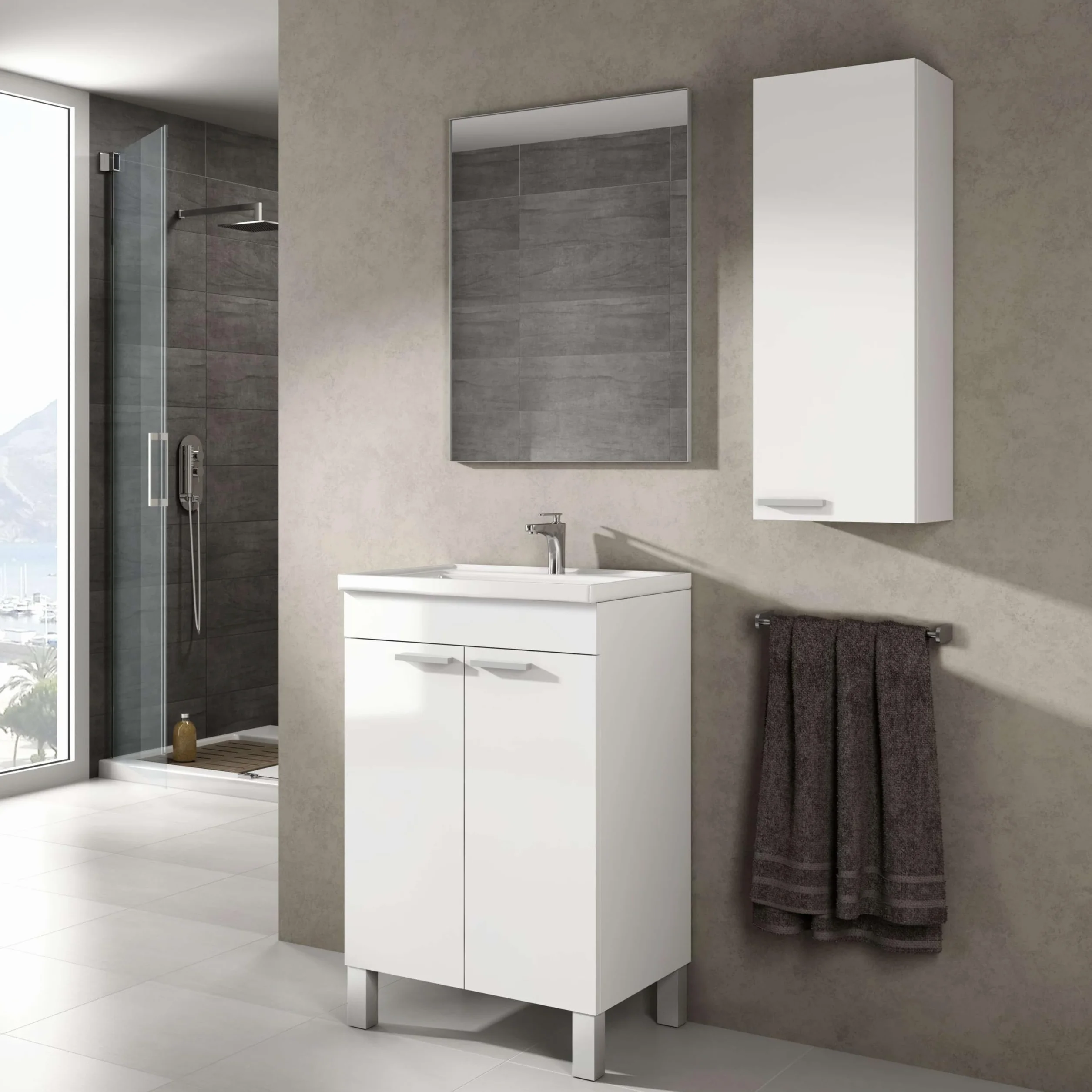 Mueble de Baño Camelia Estilo Contemporáneo en Color Blanco con 2 Puertas y Espejo 50x80x40 cm (Lavabo Cerámico)