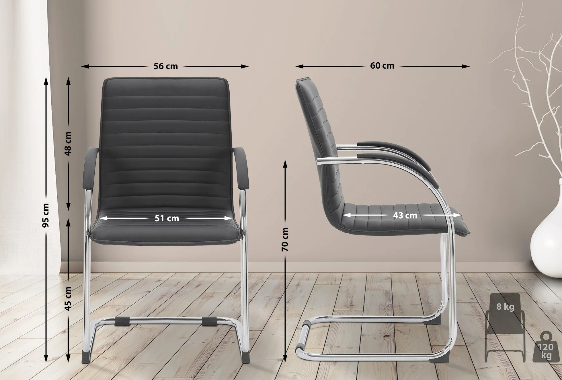 CLP Lote de 2 sillas de Visita Tira Polipiel I Silla basculante con Asiento tapizado, Color:Negro