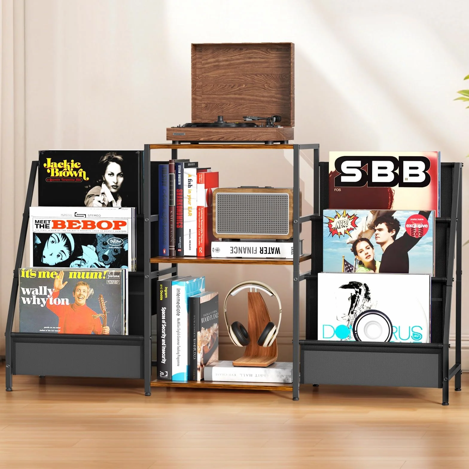 Soporte tocadiscos mesa auxiliar 3 niveles almacenamiento vinilo 200 álbumes 123 x 30 x 73 cm