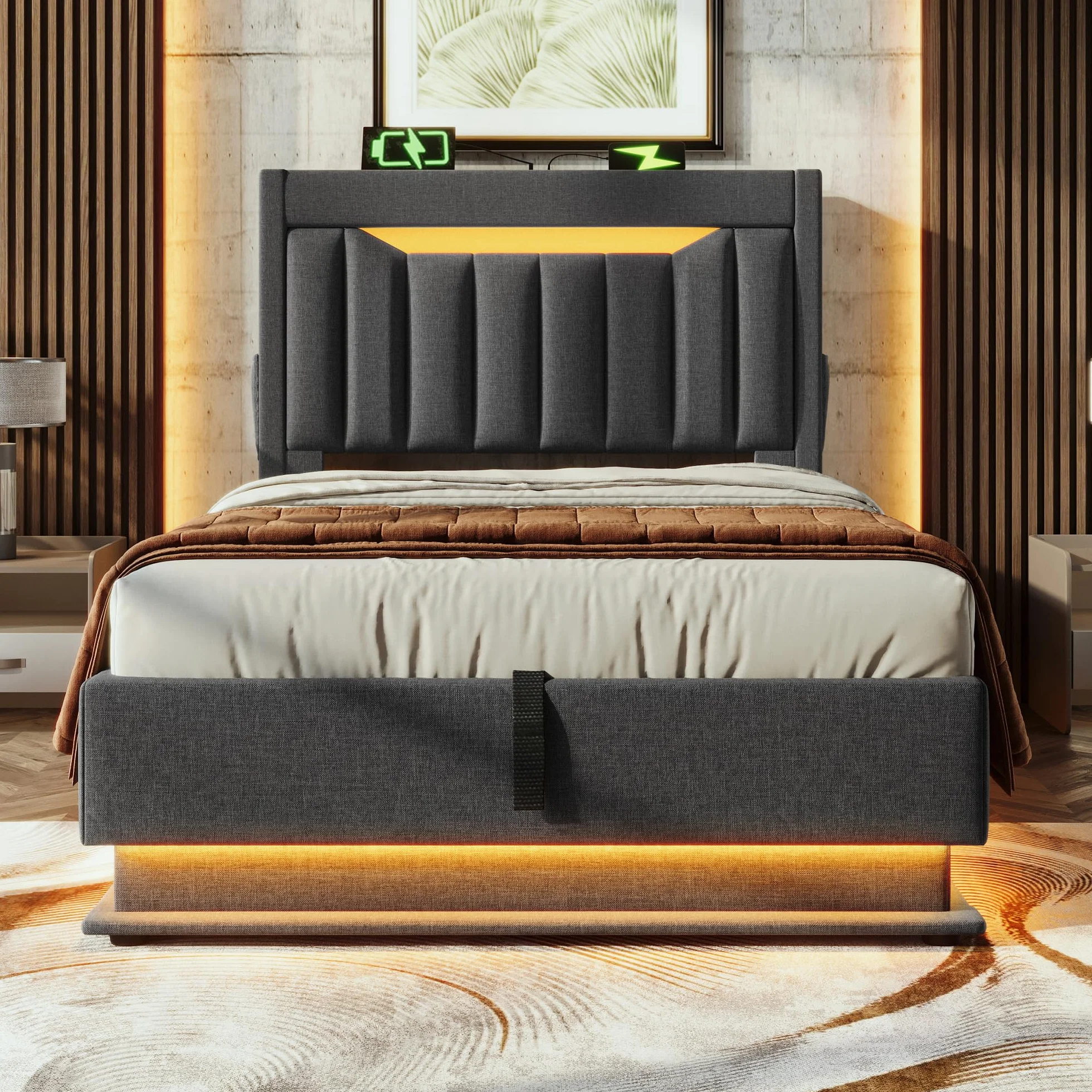 Cama LED Huayz 90x200 con almacenamiento y carga USB