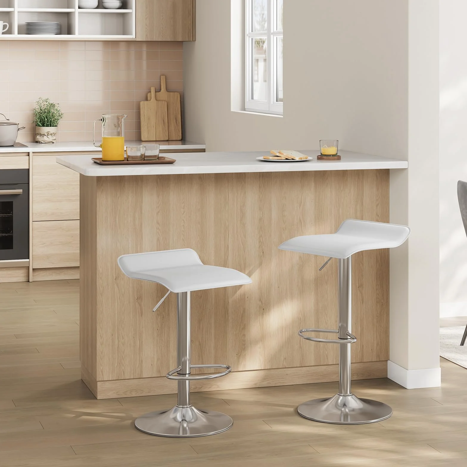 WOLTU Taburetes Cocina Giratorios 360° Altura Ajustable Asiento PVC Blanco+Plata