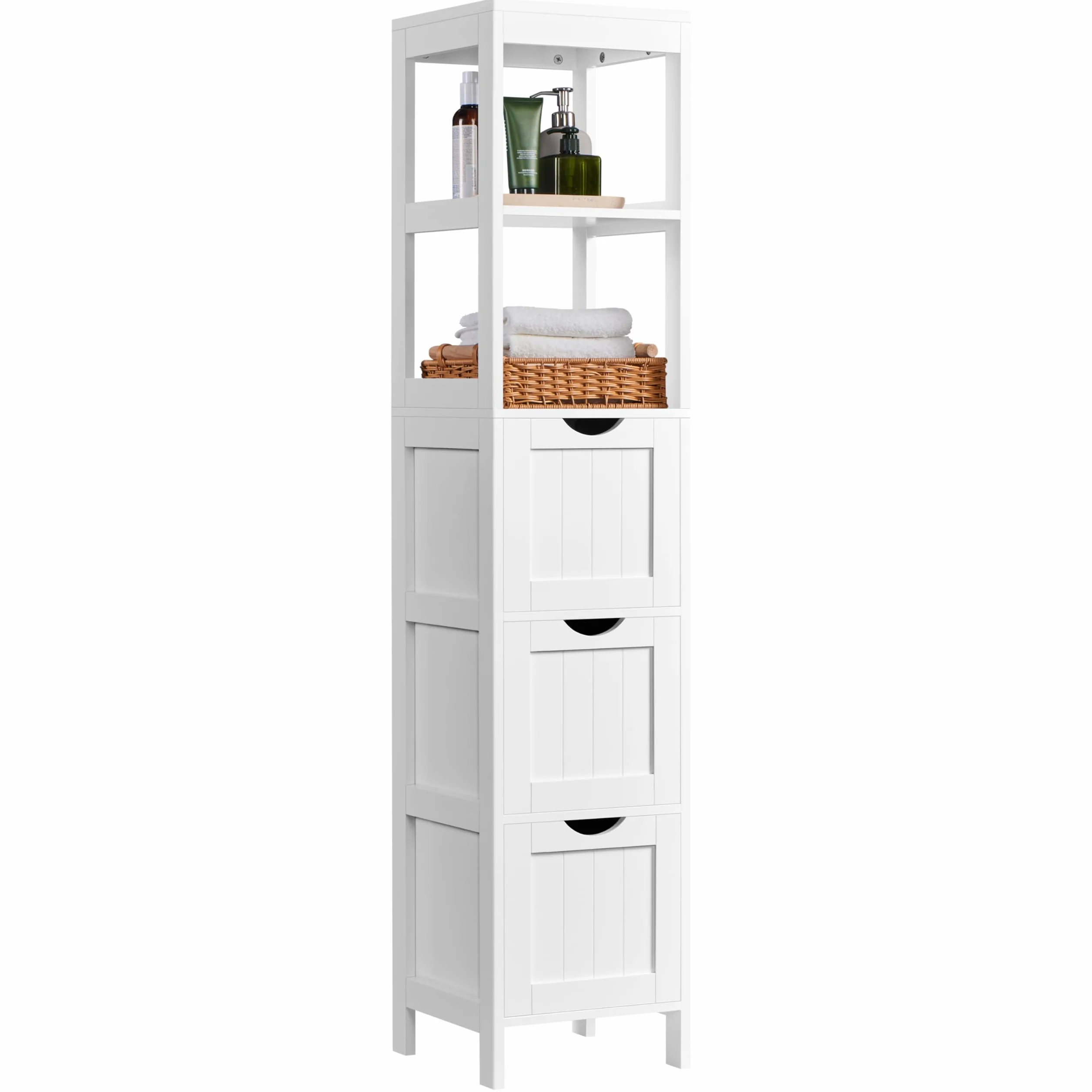 Yaheetech Armario Alta de Baño Mueble Auxiliar 2 Estantes Abiertos 3 Cajones 30x30x142 cm Blanco