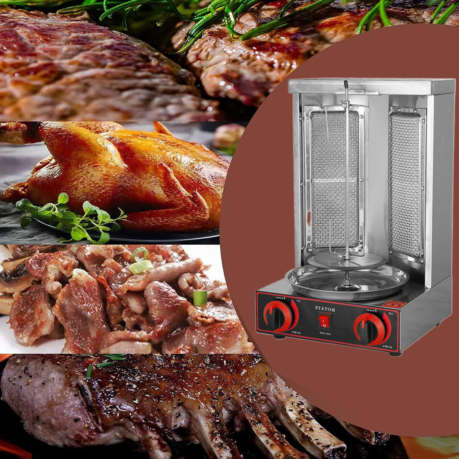 Máquina Comercial de a Gas Máquina Vertical de Kebab de GLP Horno Asador para Barbacoa Sin Humo (2 Quemadores) para Asado de Pollo, Asado de Pavo, Tacos, Asado, Carne de Res,Pan