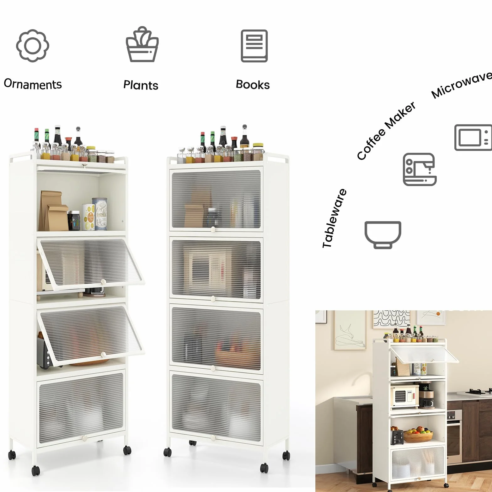 KOMFOTTEU Estantería de Cocina de 5 Niveles, Armario con 4 Ruedas y Puertas Transparentes, Mueble de Almacenamiento de Metal con Dispositivo Antivuelco para Comedor, 60 x 32 x 154 cm (Blanco)