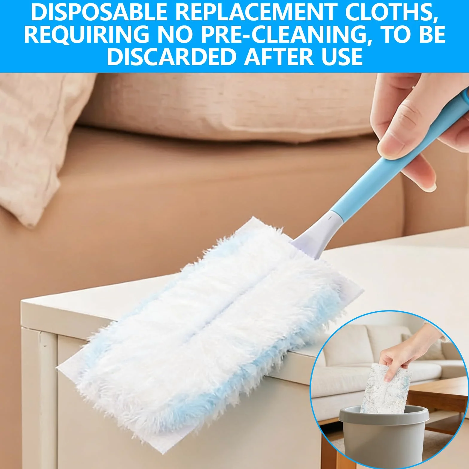 52 Piezas Recambios Plumero Atrapapolvo, Compatible con Swiffer & Otros Dusters, Piezas de Microfibra Desechable, 50 Paños, 2 Asas, para Limpiar Polvo, Pelo de Animales y Suciedad (Azul)