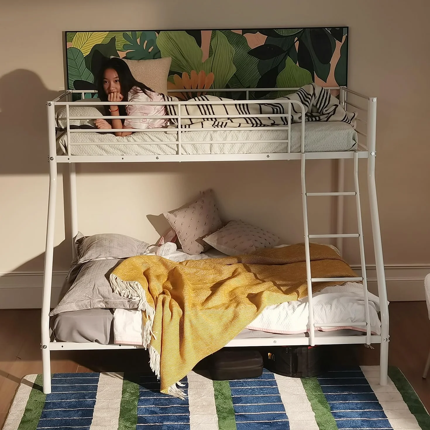 MEUBLE Cosy Litera 3 Personas Marco de Camas Infantil 90 & 140x190cm de Metal con Somier Barandilla y Escalera Estructura Tubular para Niño Dormitorio Casa, Blanco