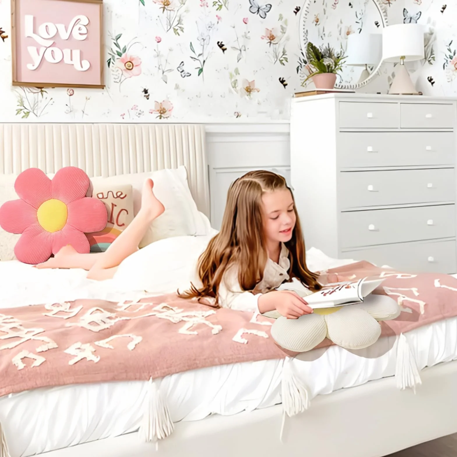 Cojín Flor Blanco 48 cm, Cojín de Suelo Estético para Habitación, Decoración Dormitorio