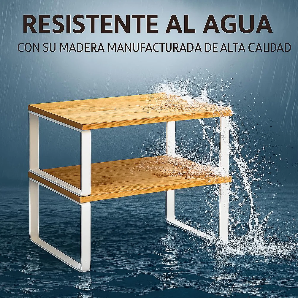 Estante de Cocina Organizador, Juego de 2, Soporte Apilable de Armario y Encimera, Estantería de Almacenamiento de Metal y Madera Técnica, Blanco