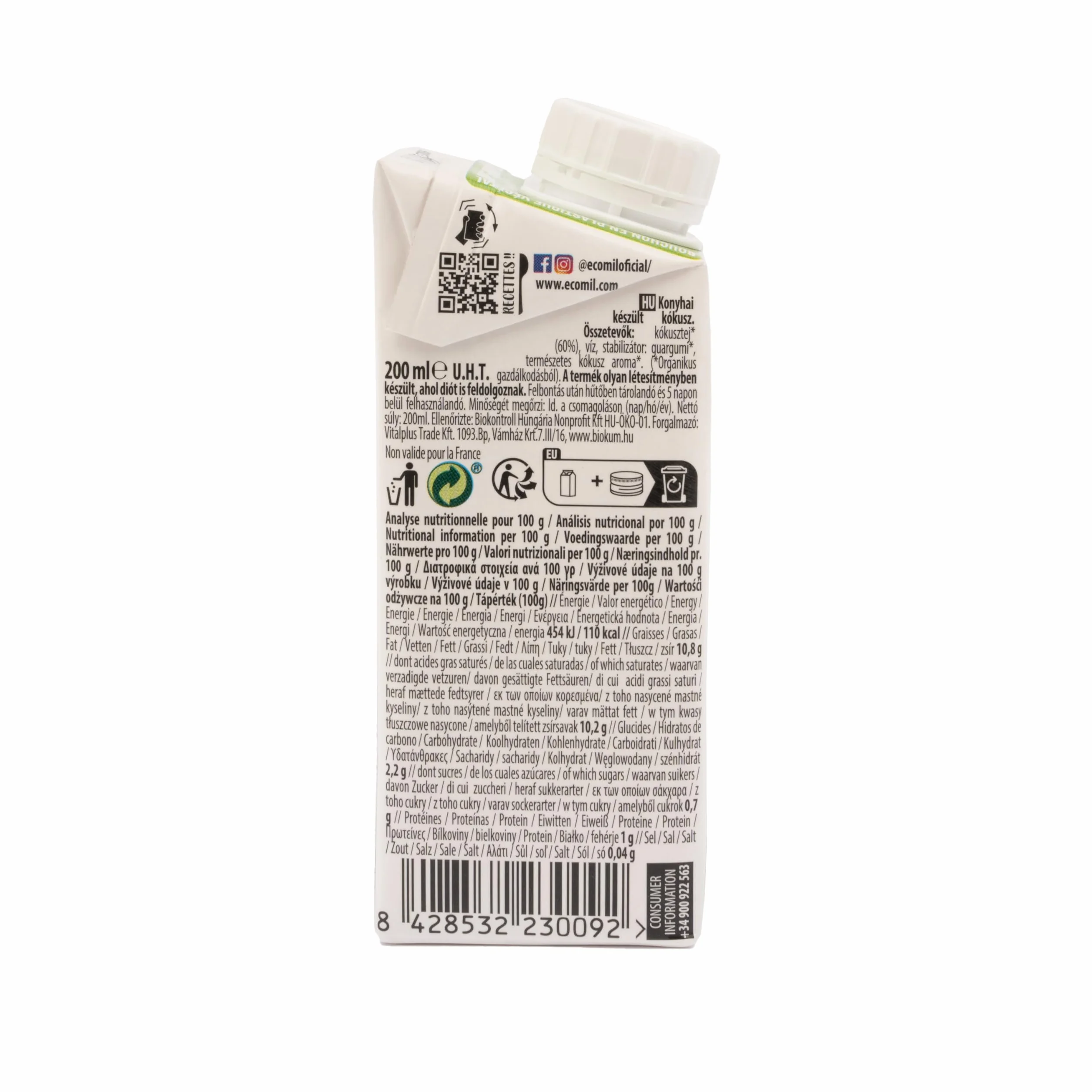 Leche de Coco Cuisine Ecomil 200 ml Preparado culinario