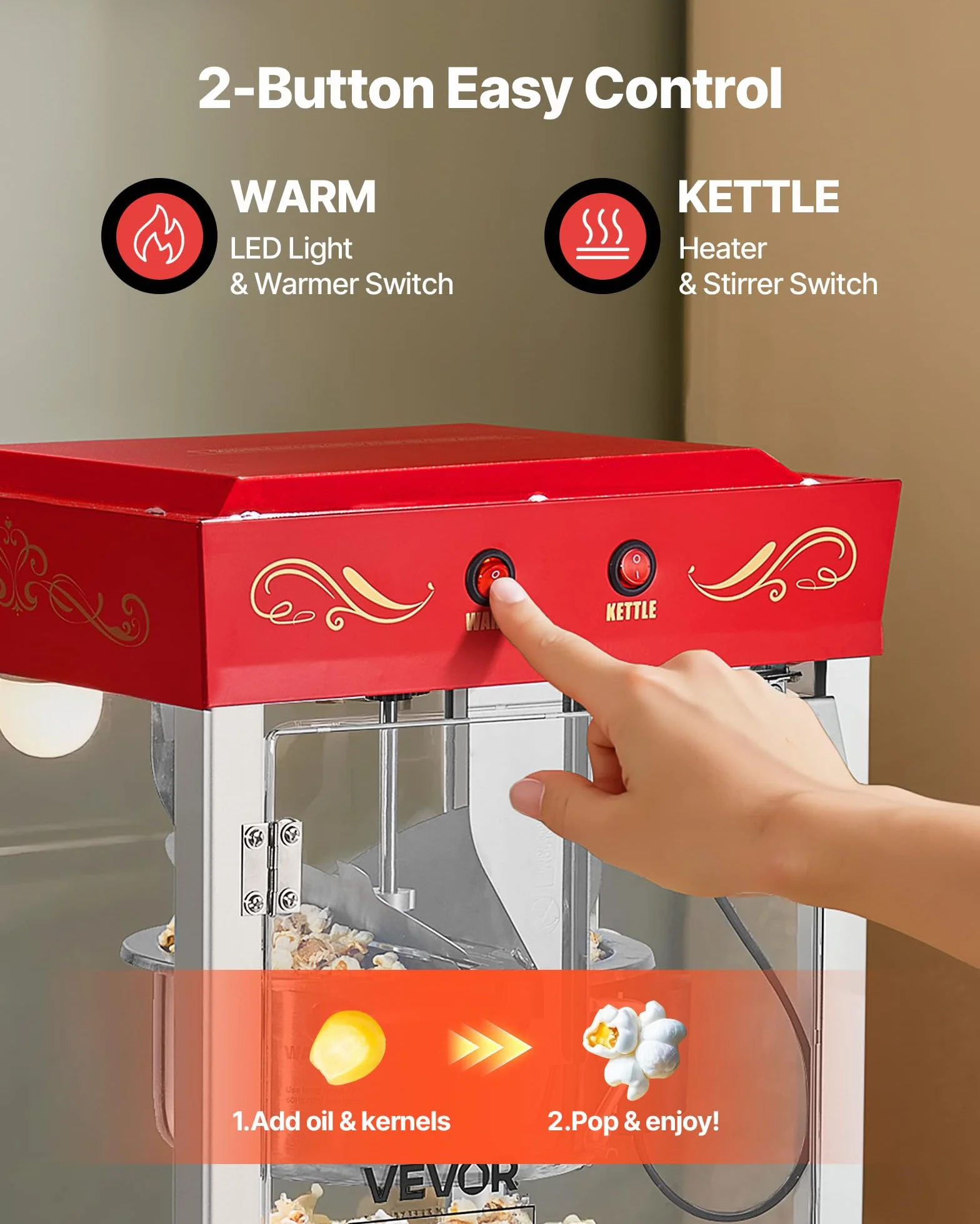 VEVOR Máquina de Palomitas con Hervidor de Acero Inoxidable de 0,2 kg, 800 W, 48 Tazas, Estilo Cine, con Control de 2 Botones, Puerta de PC con Panel de Vidrio, 1 Cucharada y 3 Cucharas, Rojo