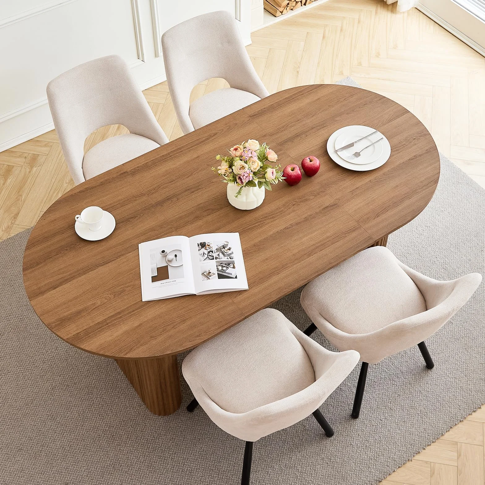 GrandCA HOME Mesa de Comedor Ovalada de Madera, Moderna Mesa de Cocina de 180 CM, Escritorio Grande de MDF, para 6-8 Personas (Marrón Oscuro)