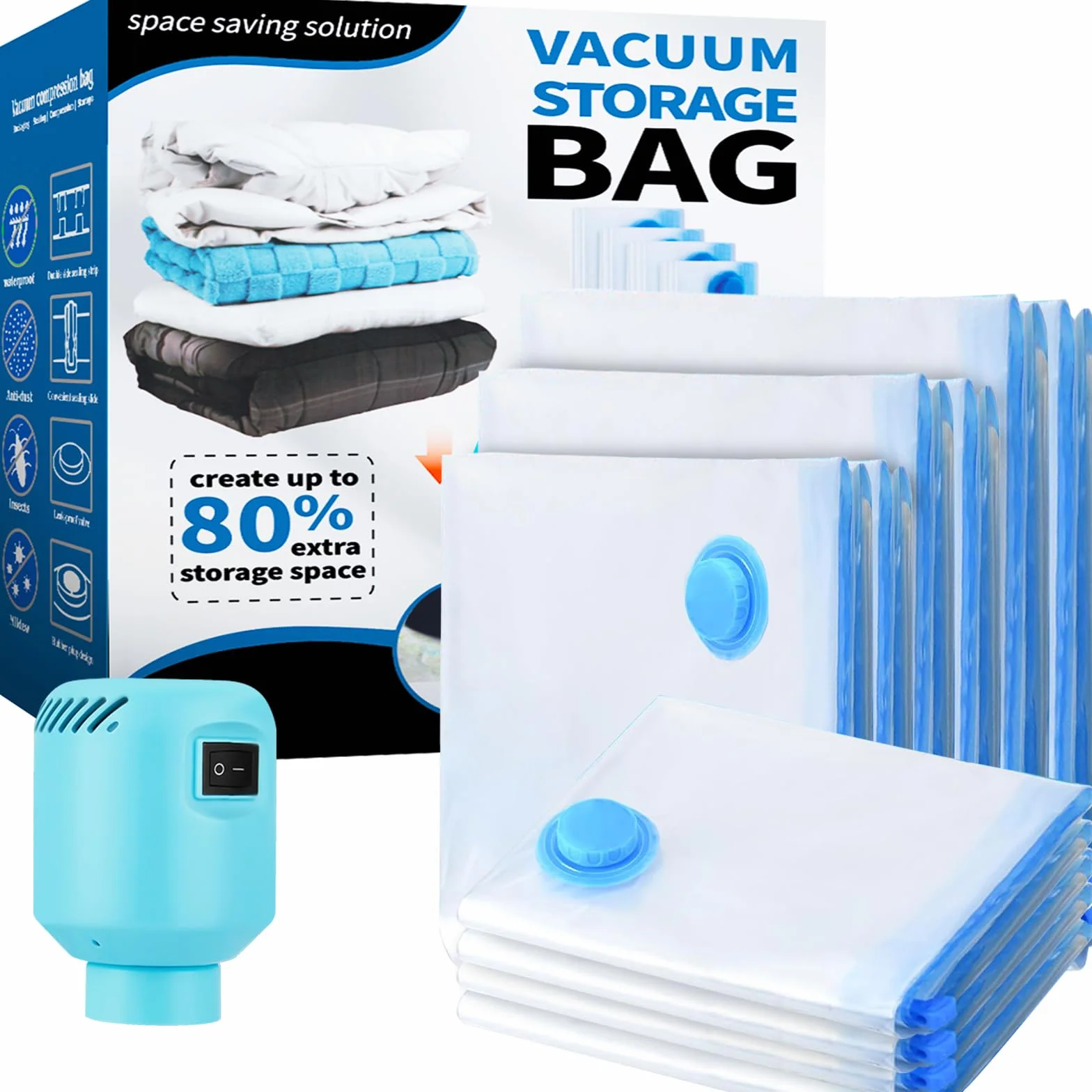 Bolsas de Almacenaje al Vacío 10 Piezas con Bomba de Aire Eléctrico para Ropa, Ropa de Cama, Edredones