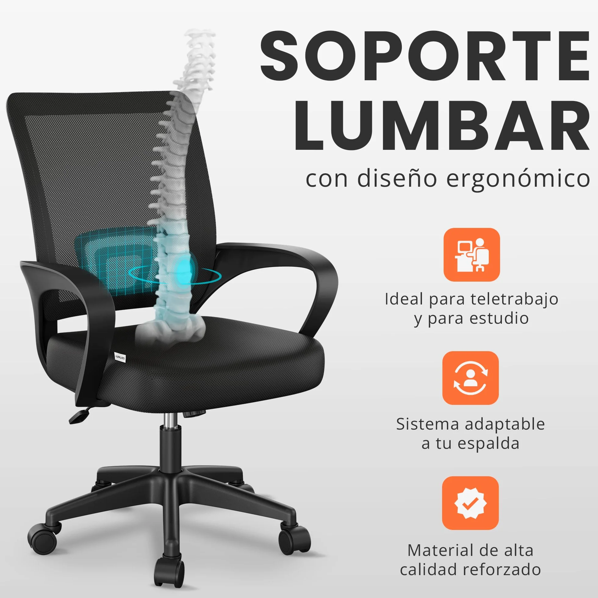 JUPPLIES Silla Escritorio Ergonomica con Apoyo Lumbar, Malla Transpirable, Ruedas 360°, 110kg