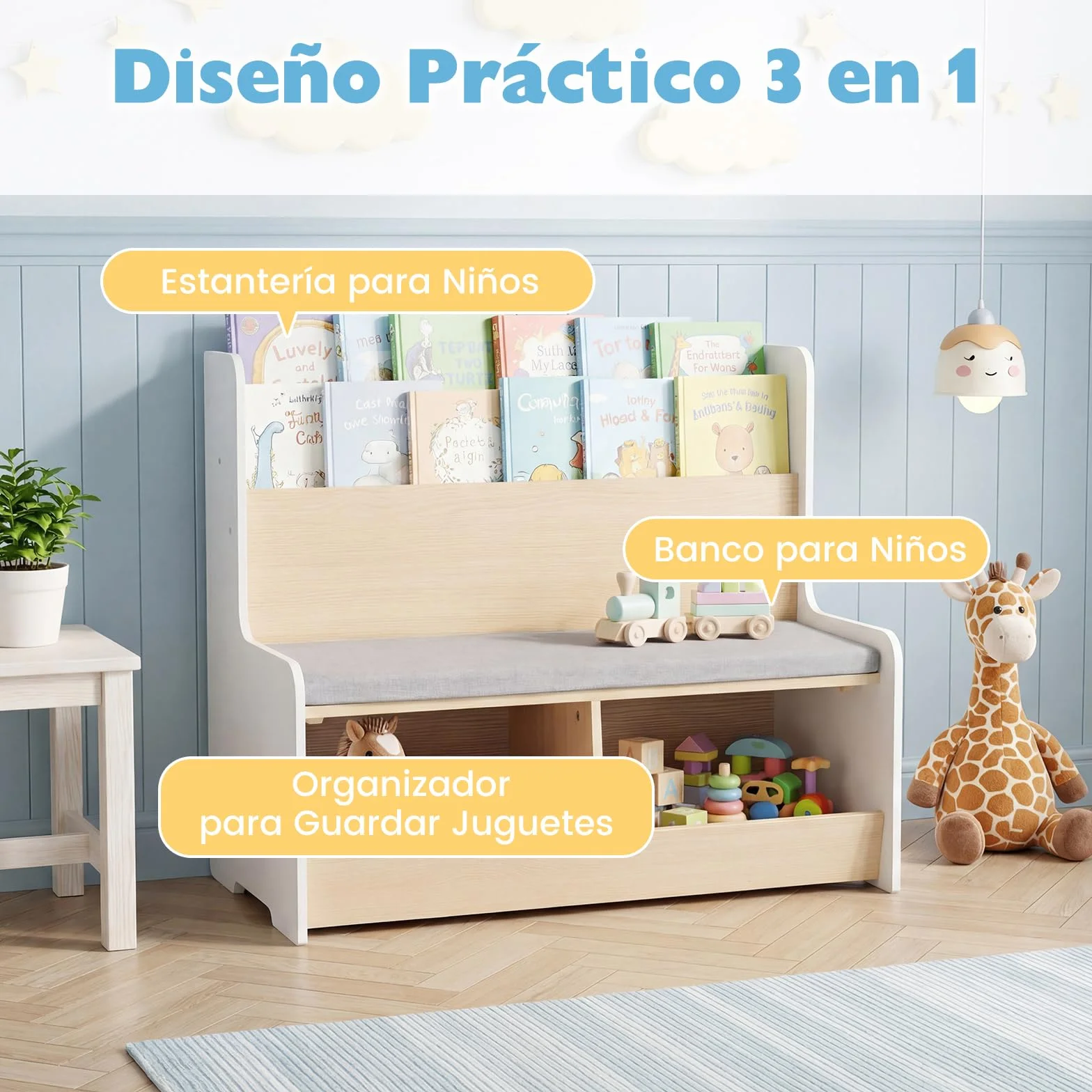 COSTWAY Banco de Almacenamiento Infantil 3 en 1 Baúl Juguetes Cojín Acolchado Funda Desmontable Estantería Compartimentos Abiertos Blanco